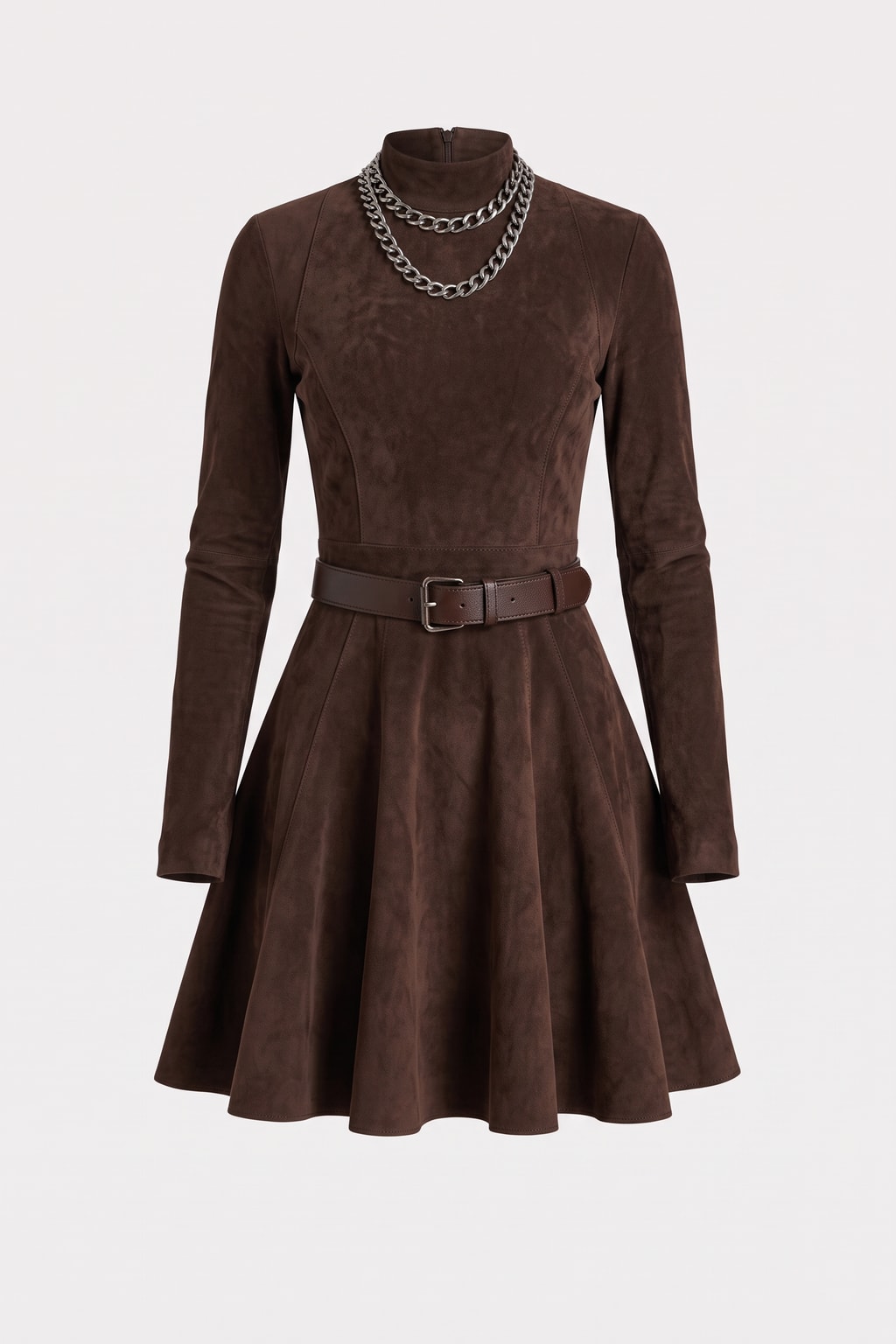 Chocolate brown suede-touch mini dress with a turtleneck, slim long sleeves, a fitted princess-seam bodice and a belted flared skirt