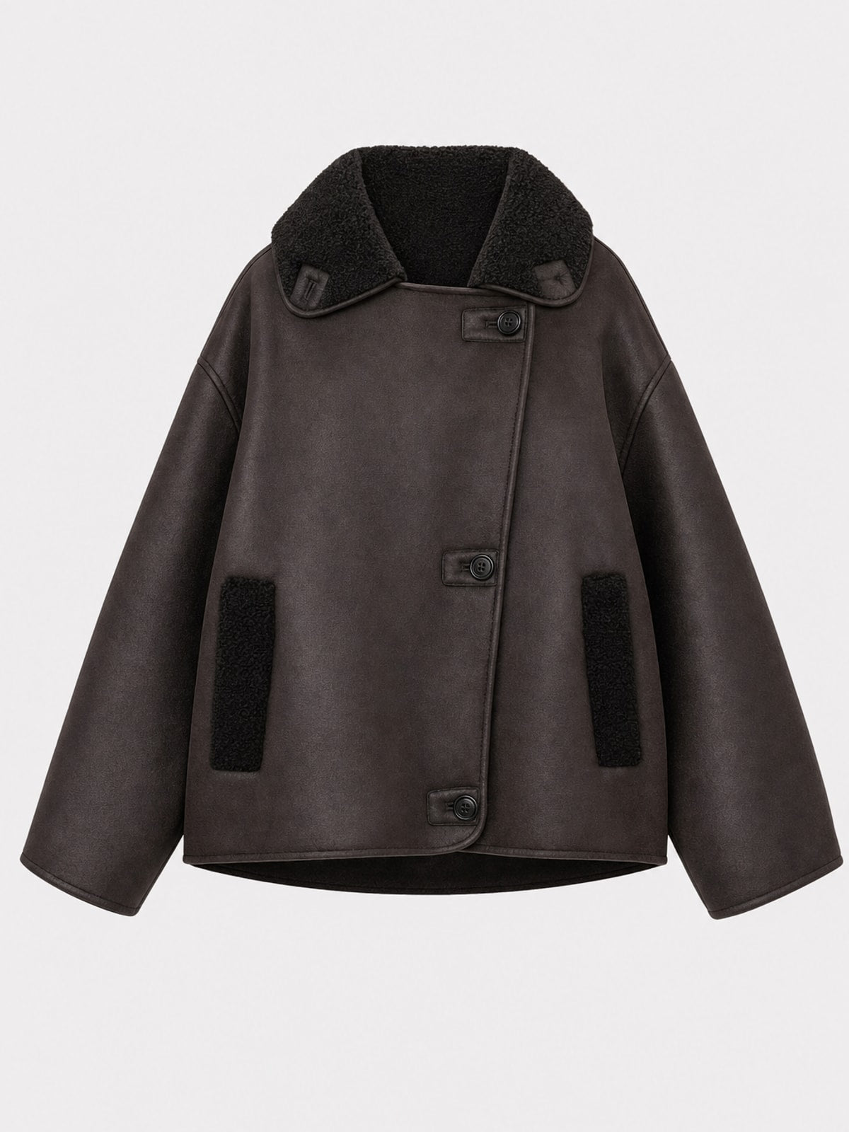 Relaxed Brown Leather Jacket Oversized Collarless Fit - 1