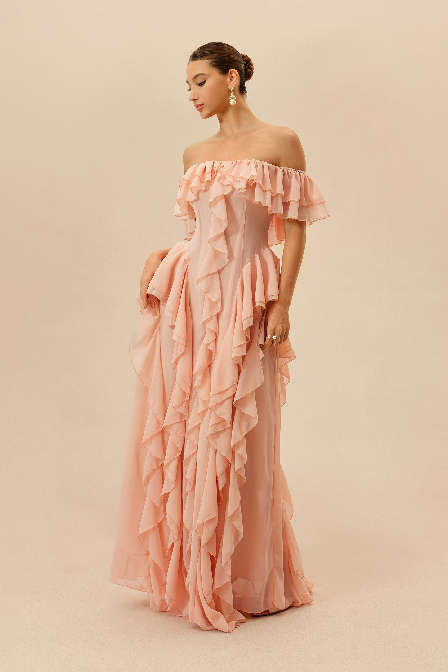 Pink Off-Shoulder Ruffle Maxi Dress - view 5