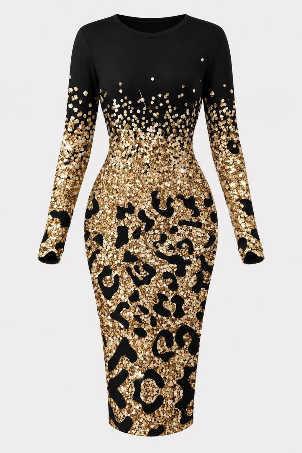 Polyester Bodycon Midi Dress With Leopard Print Panel - 1