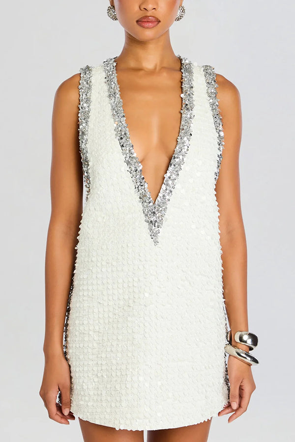 Sequin V-neck A-line mini dress with colorblock trim - view 3