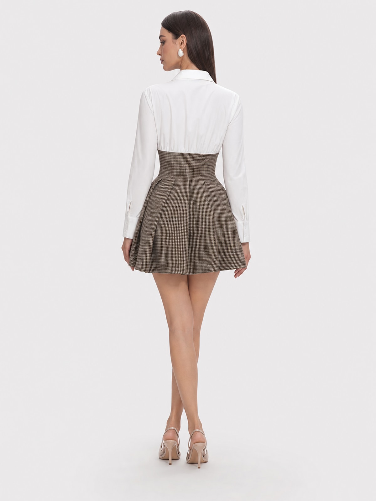 Brown Houndstooth Tweed Pleated Mini Dress - 4