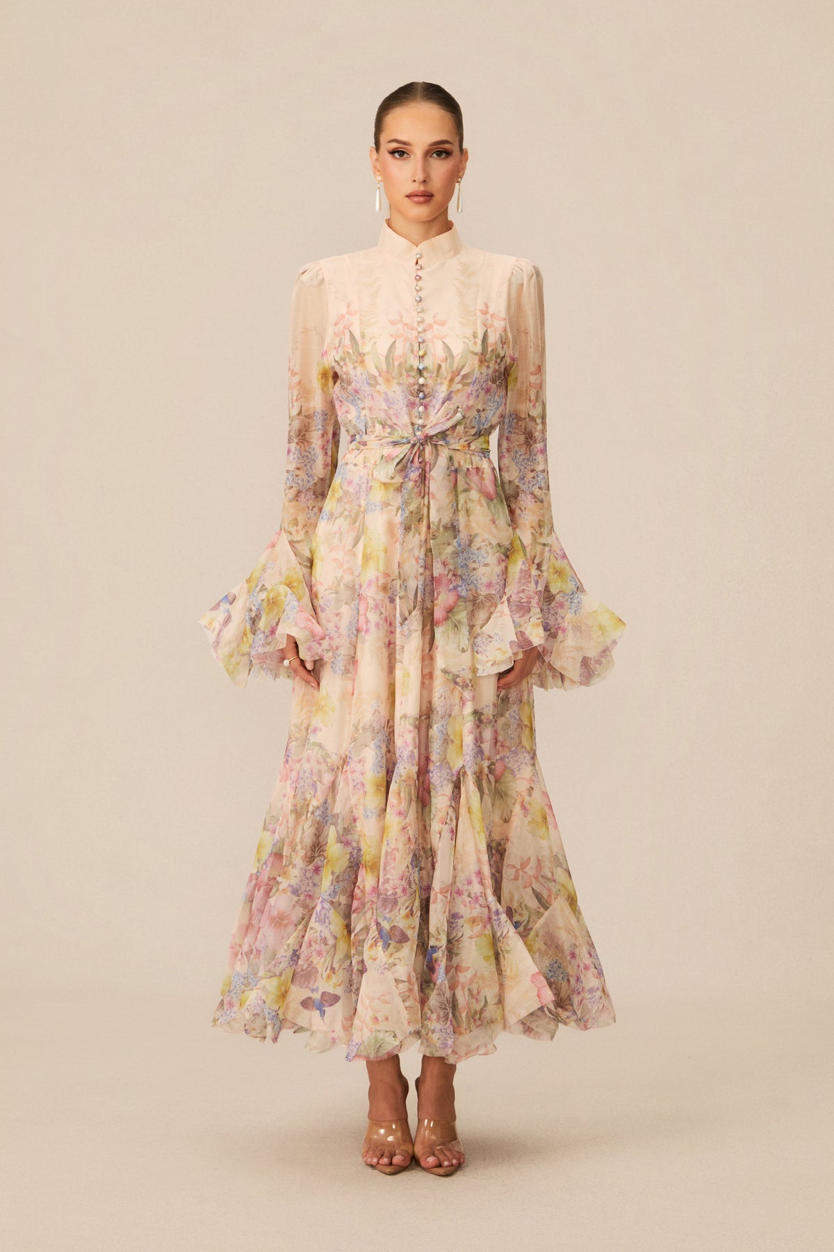 Floral Print Maxi Dress With Ruffle Cuffs And Tie Waist Belt - 2