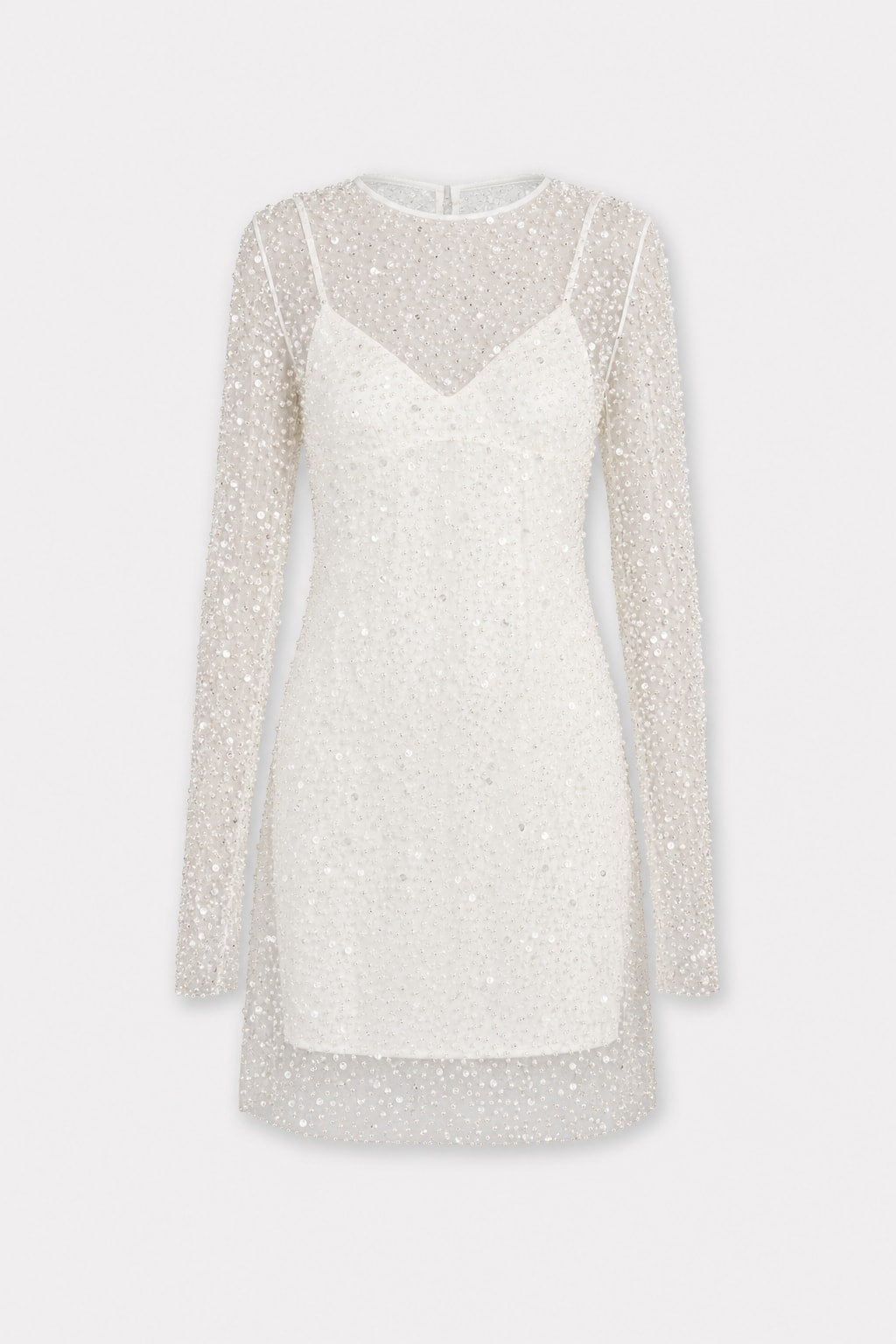 Sequin and Pearl Embellished Mini Dress with Long Sleeves - 1