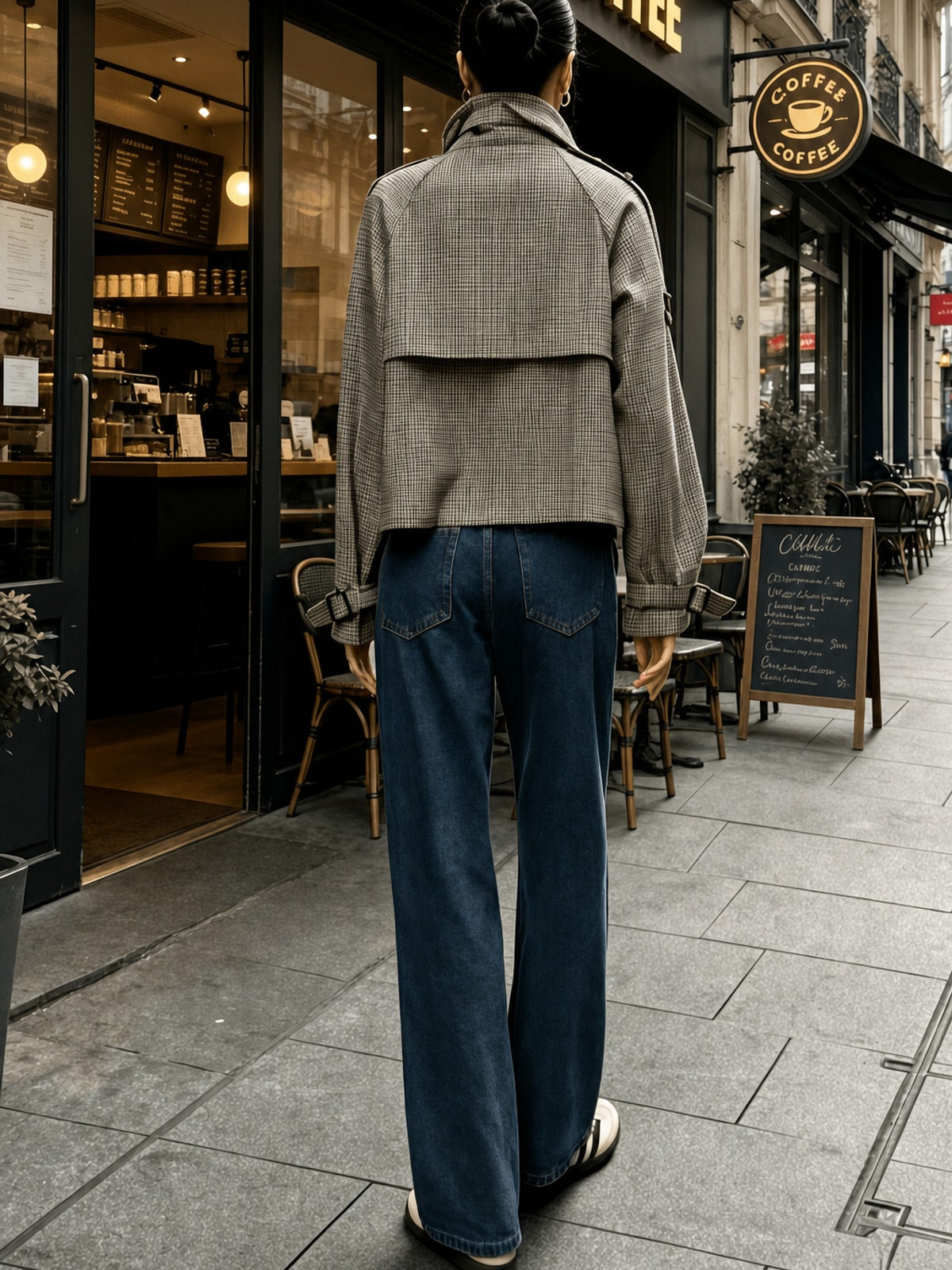 Elegant Houndstooth Cropped Jacket With Stand Collar - 5
