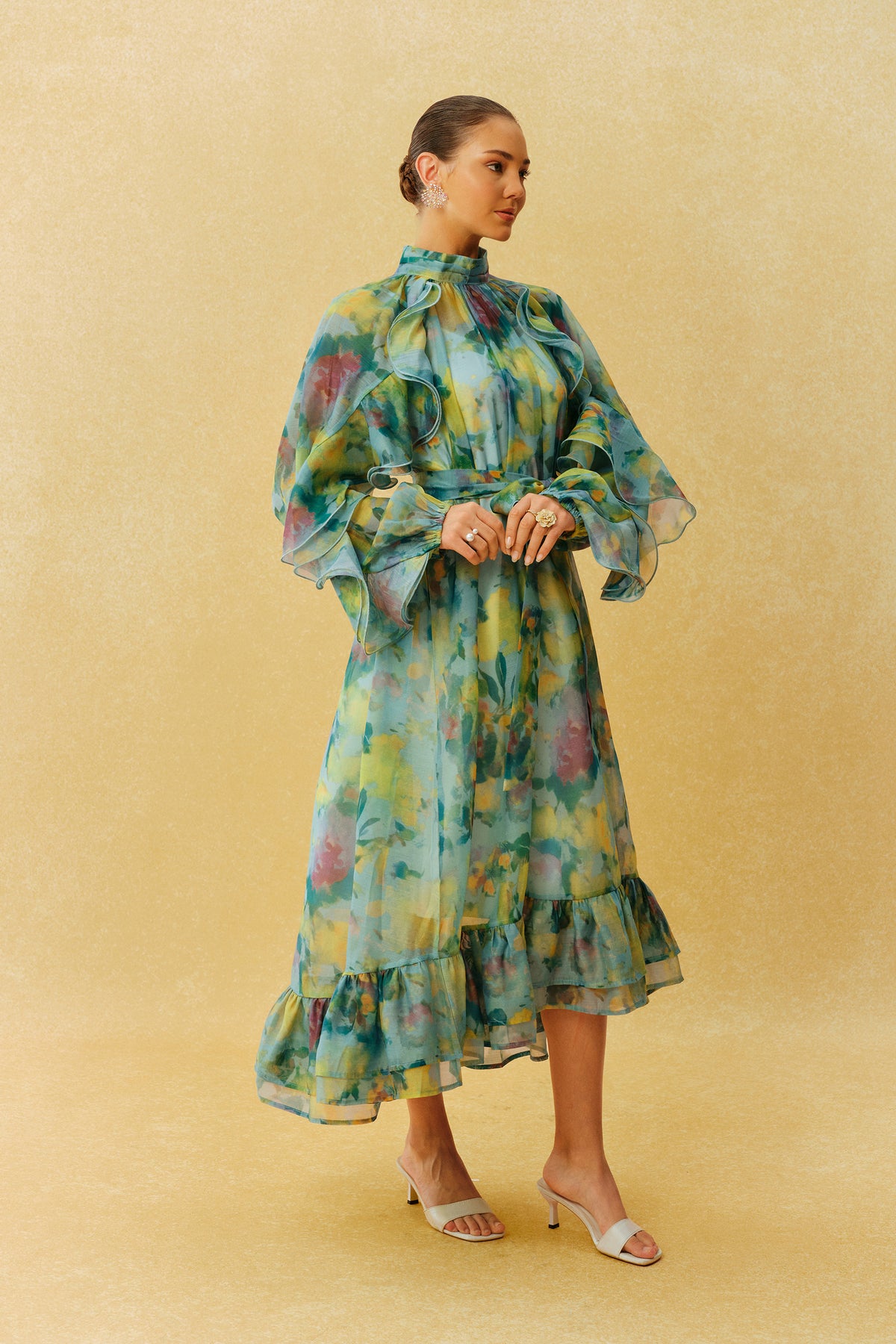 Terylene Ruffle Sleeve High Neck Midi Dress - 4