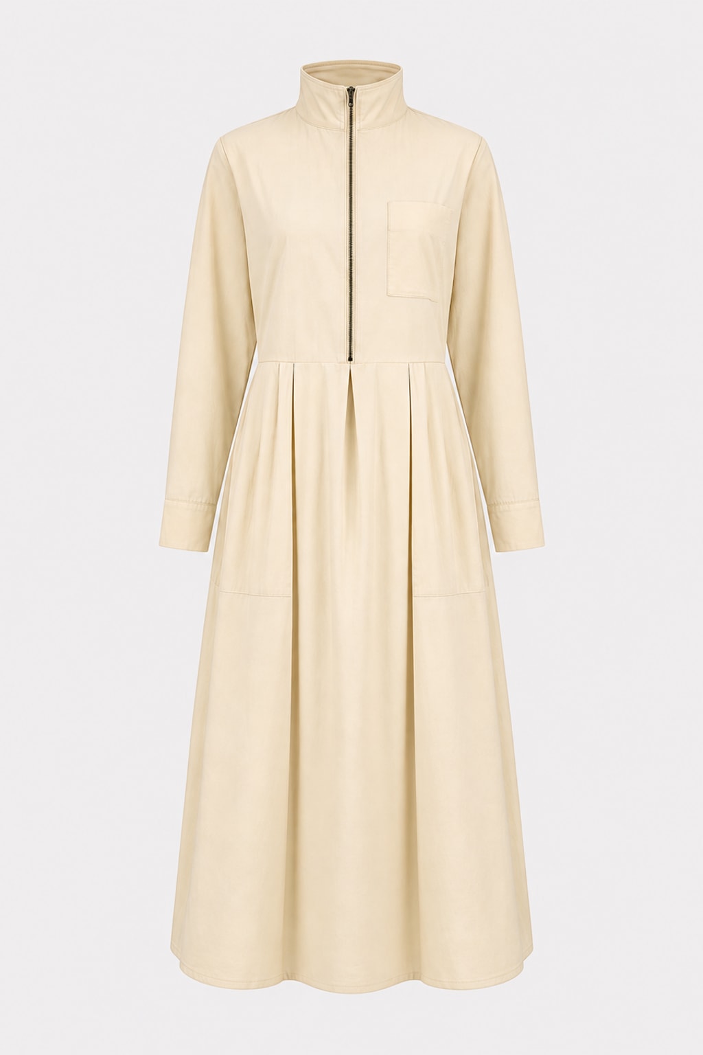 Cotton Maxi Dress Pleated Stand Collar - 1