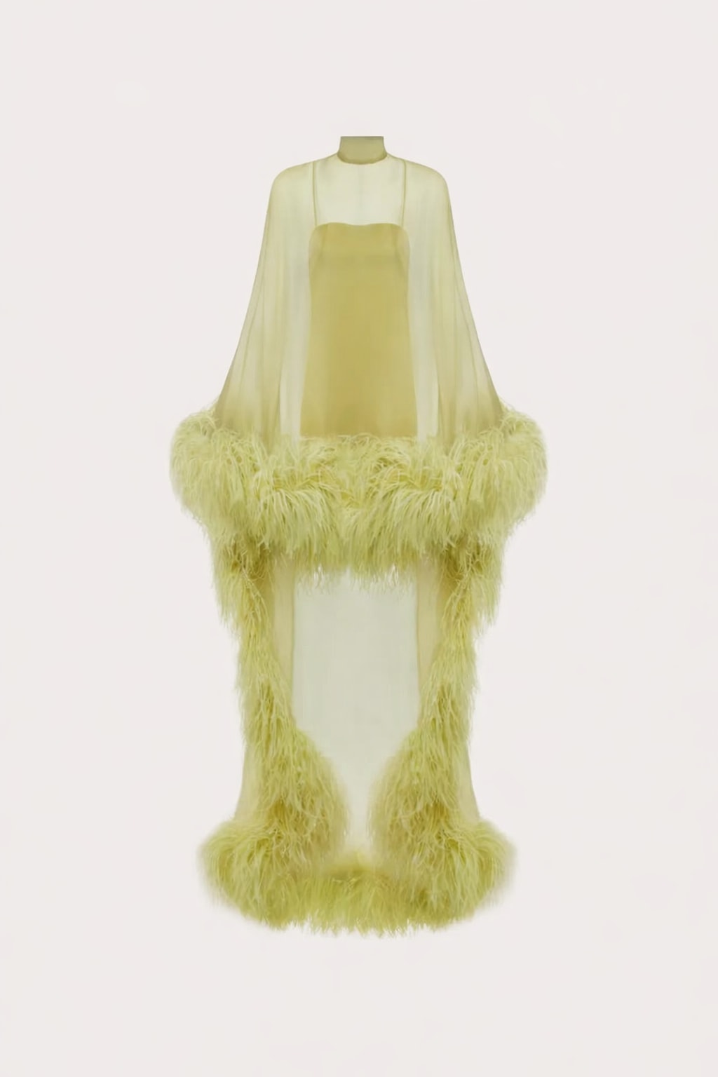 Tulle Maxi Dress With Feather Trim And High Neck Cape - 1