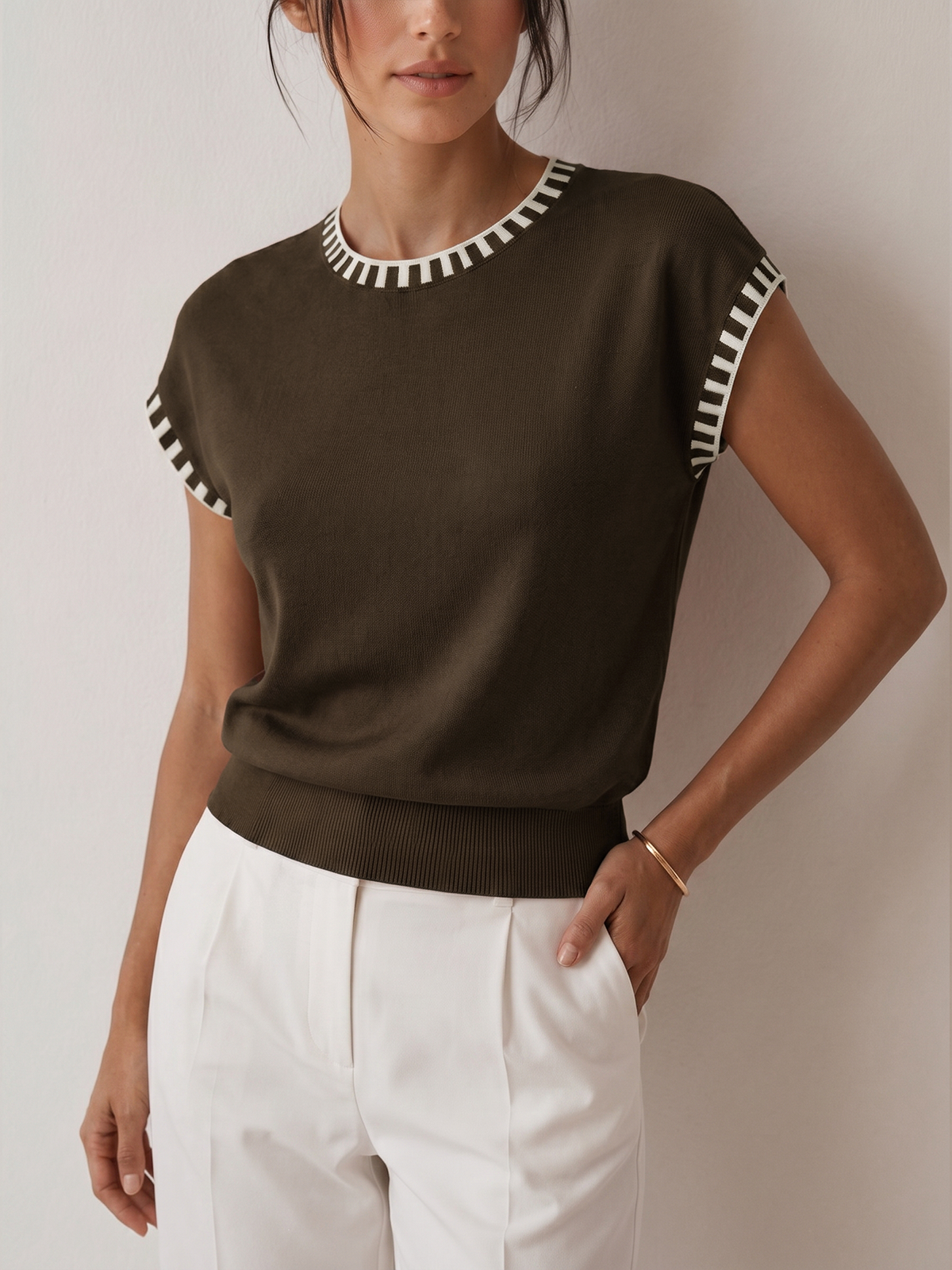 Knit Cap Sleeve Top With Contrast Trim - 13