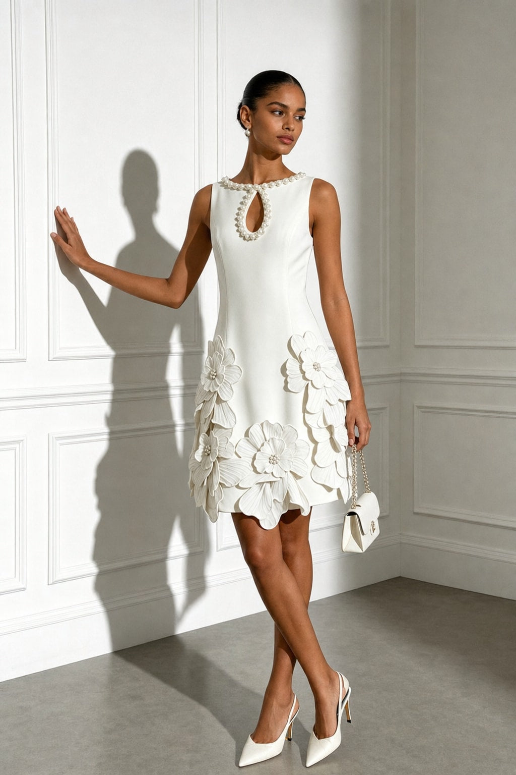 3D Floral Pearl Sleeveless Boat Neck A-Line Mini Dress - 2