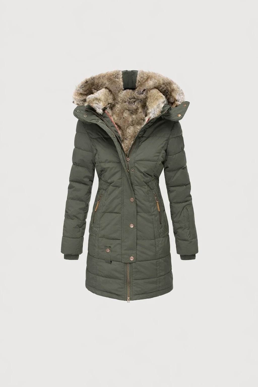 Quilted Women's Parka Coat With Faux Fur Hood - 1
