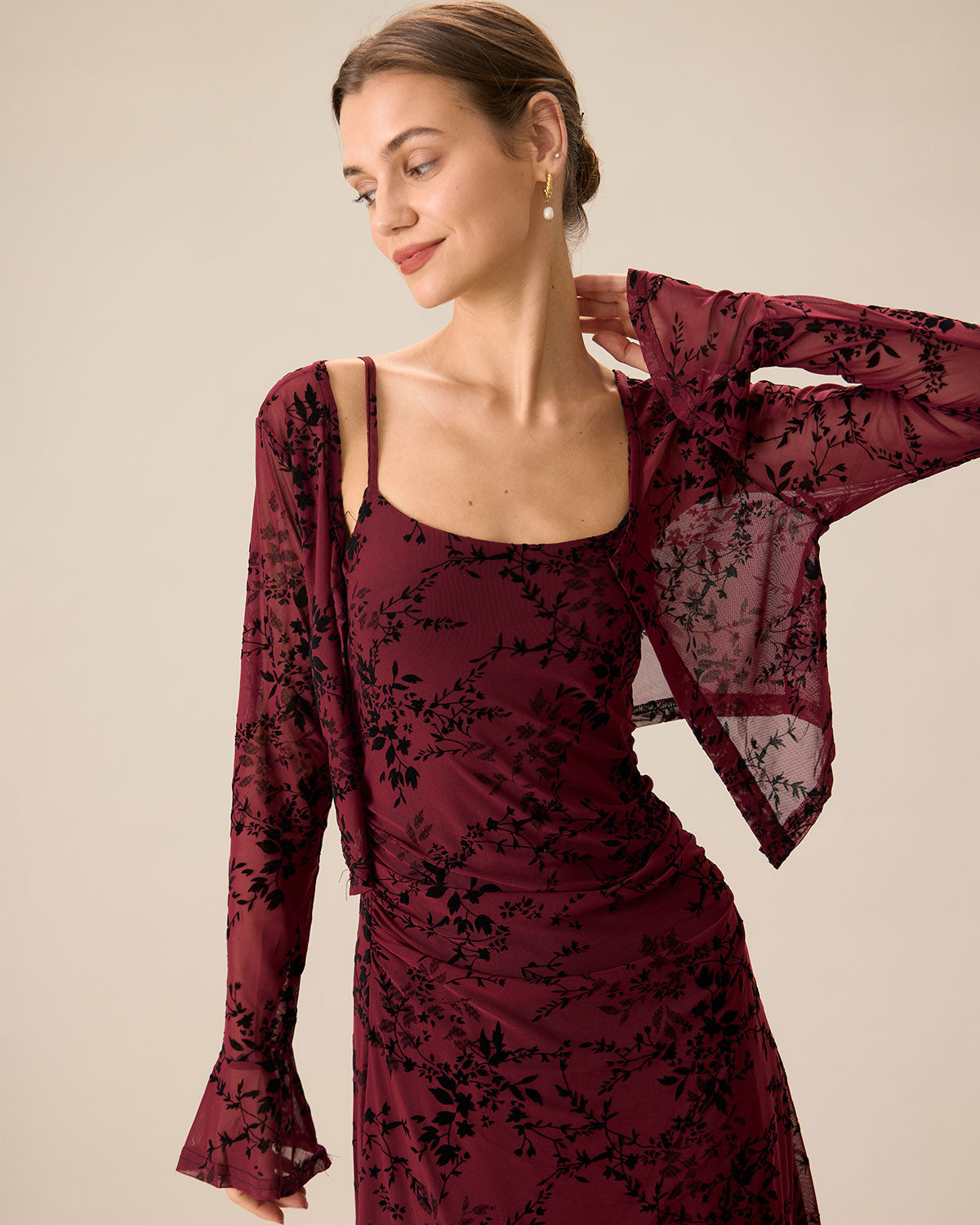 Wine red floral slip midi dress with matching cardigan - view 5