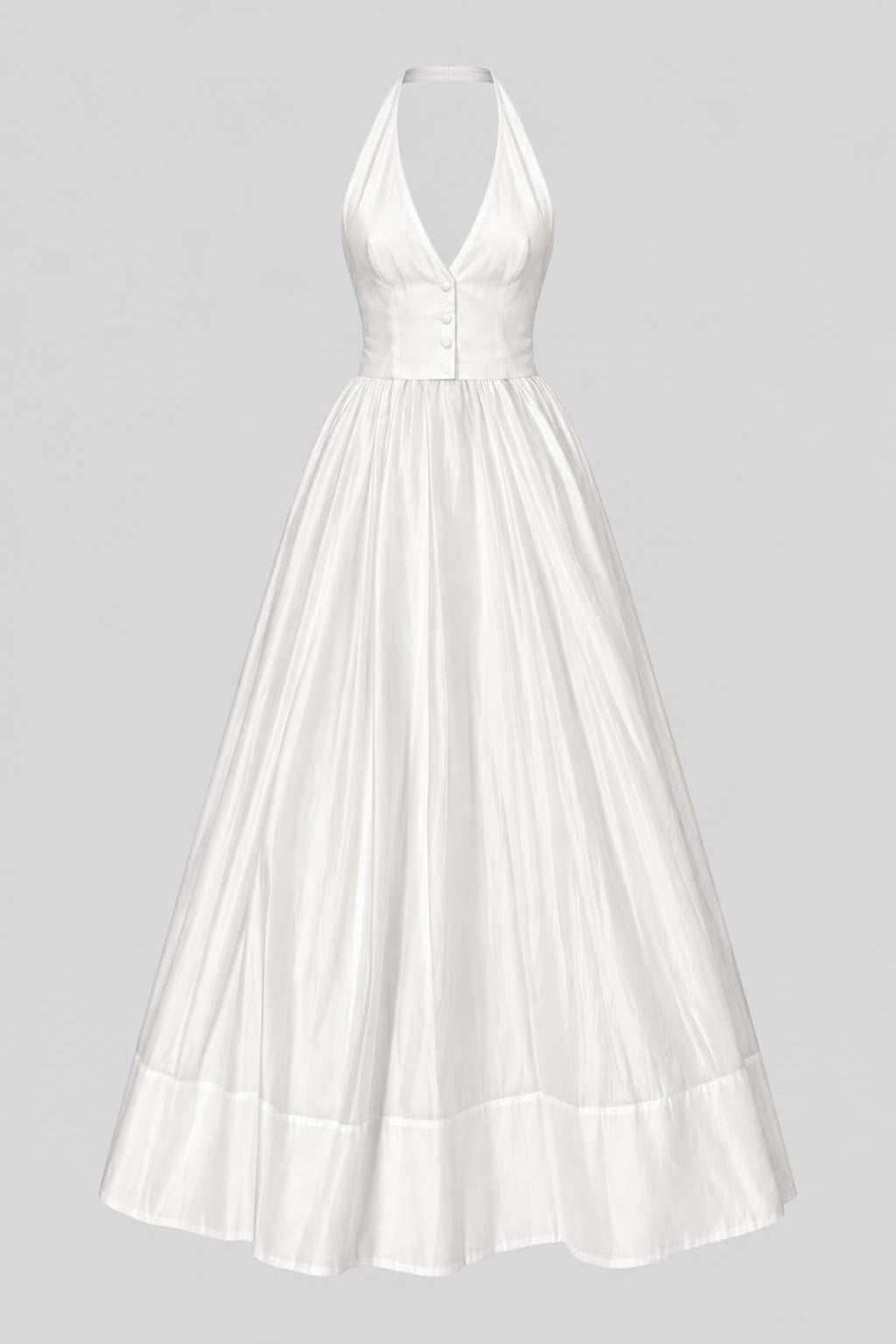 White Pleated V-Neck Maxi Dress - 1