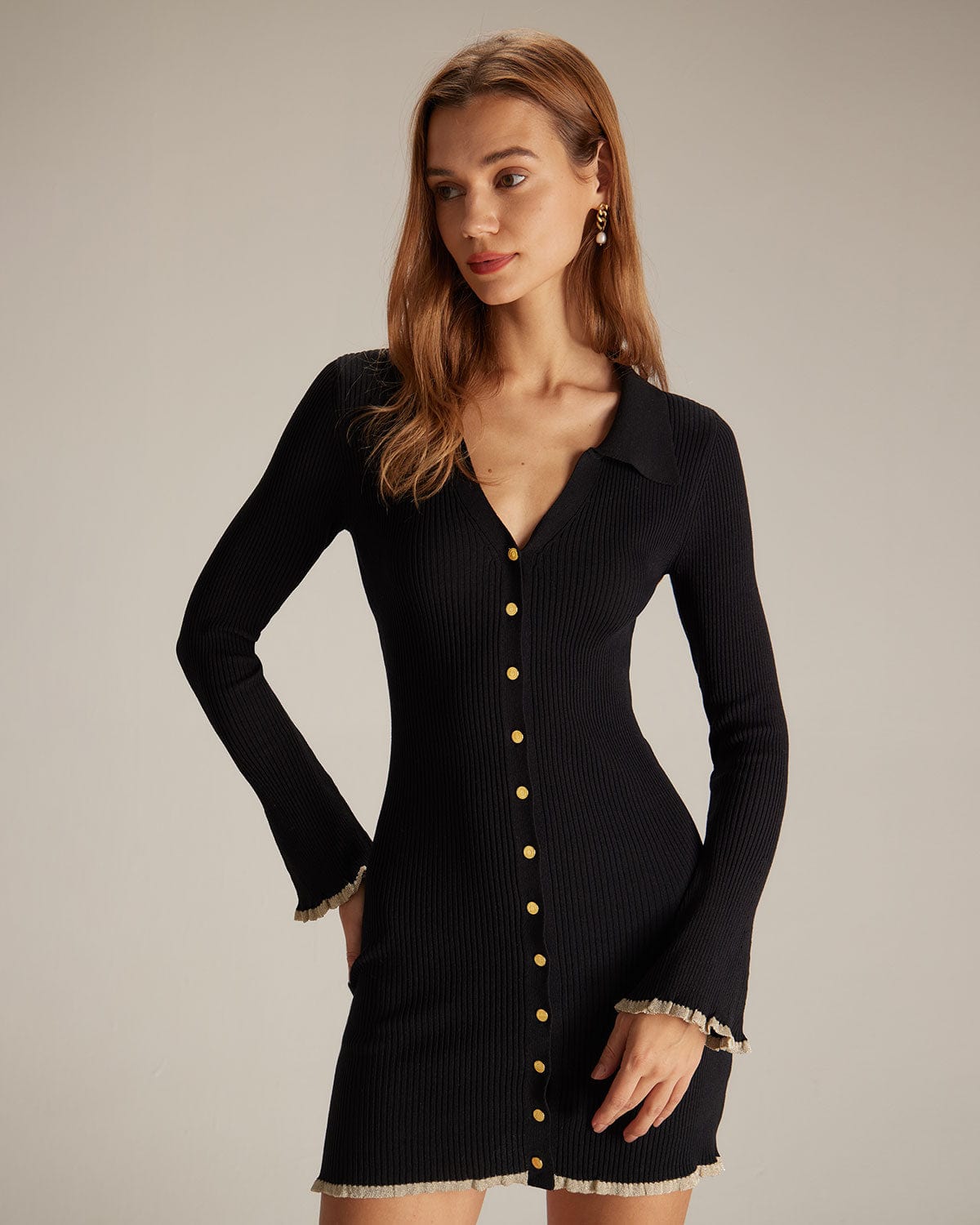 Black V-Neck Mini Dress With Contrast Trim Detail - 2