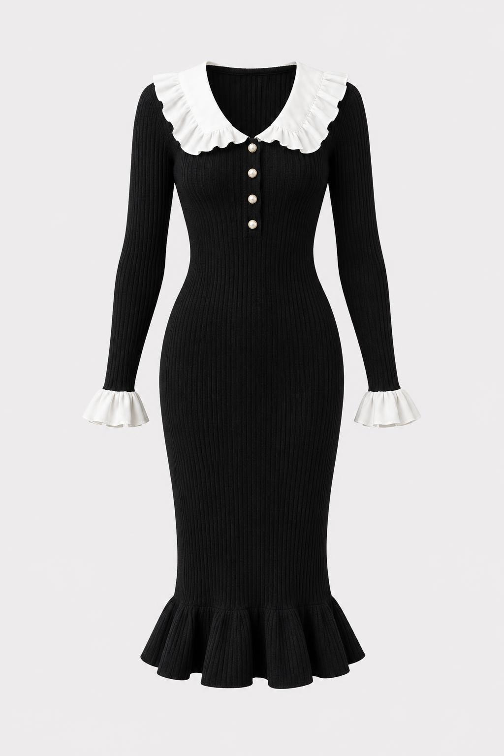 Knitwear Midi Dress With Ruffle Trim - 1