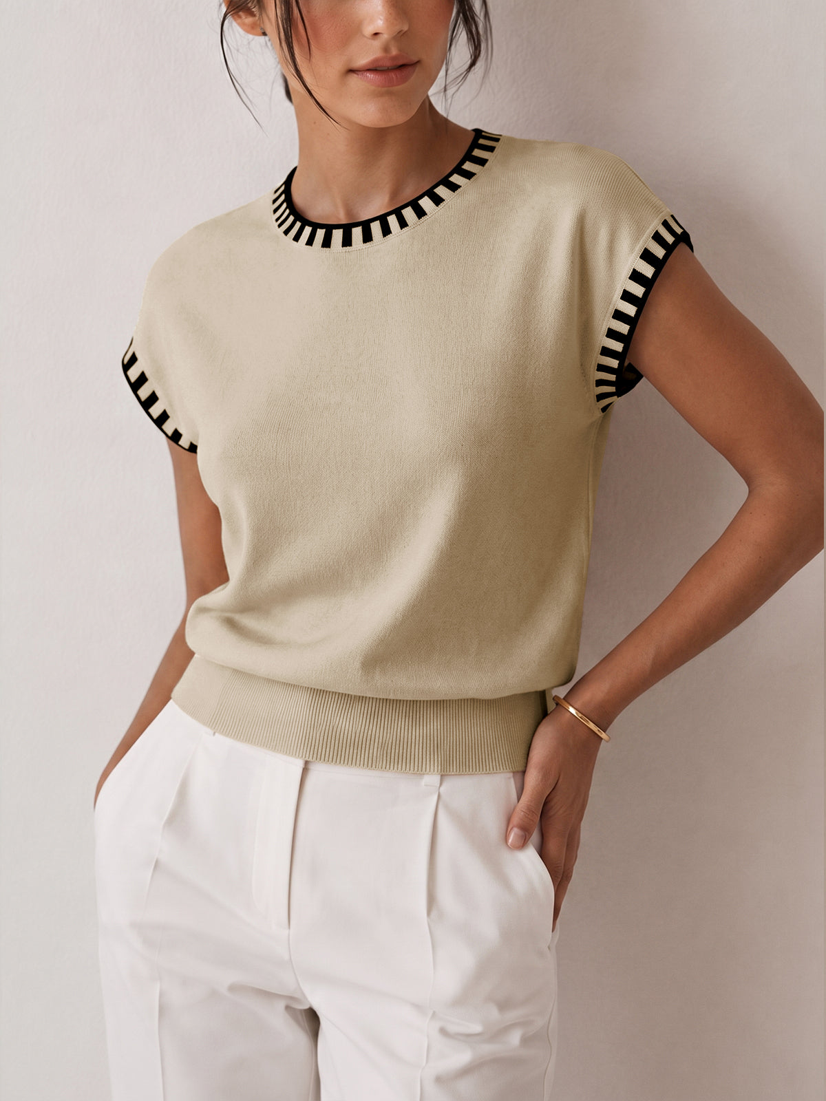 Knit Cap Sleeve Top With Contrast Trim - 11