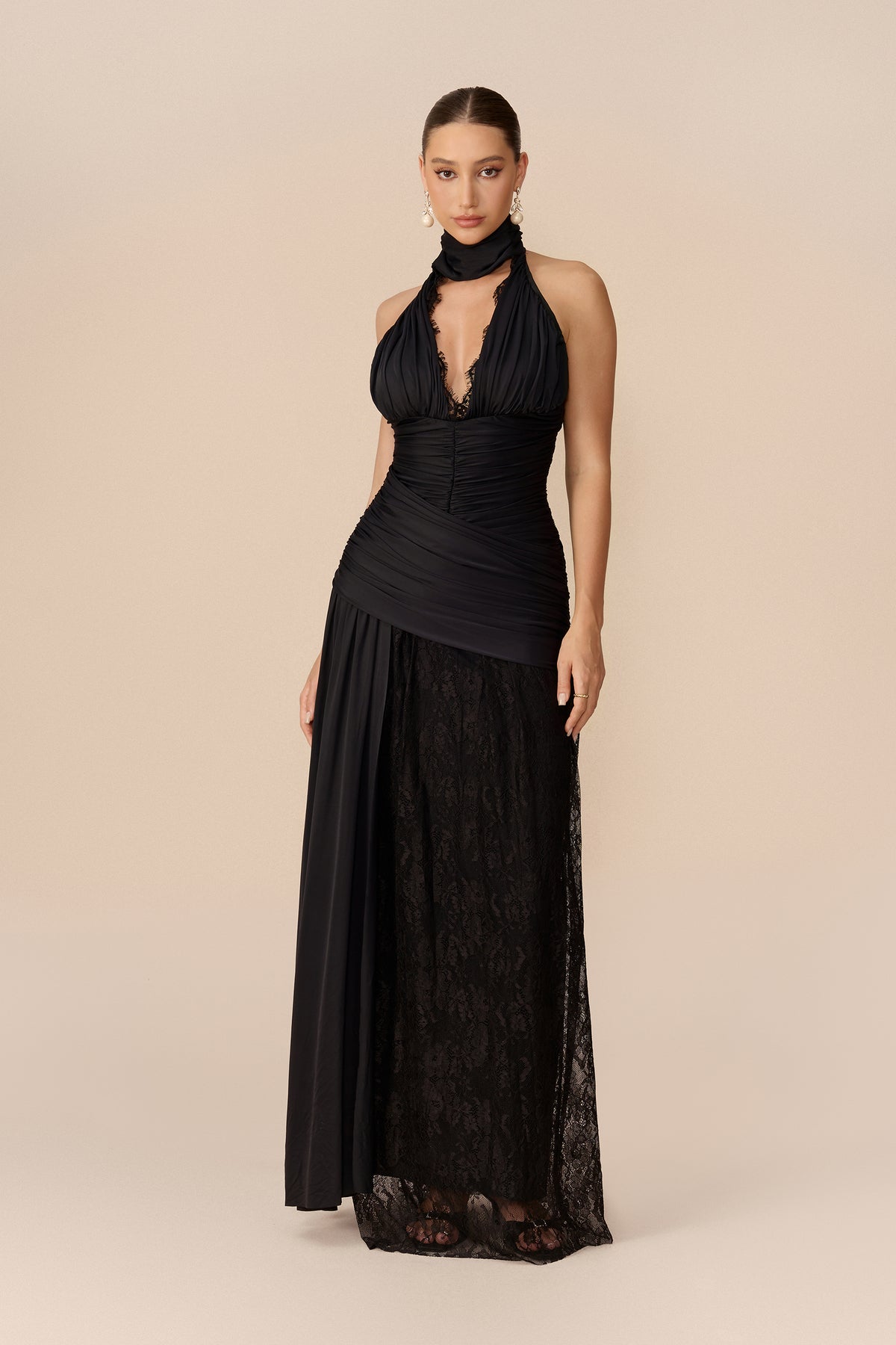 Black ruched deep V-neck maxi dress - view 5