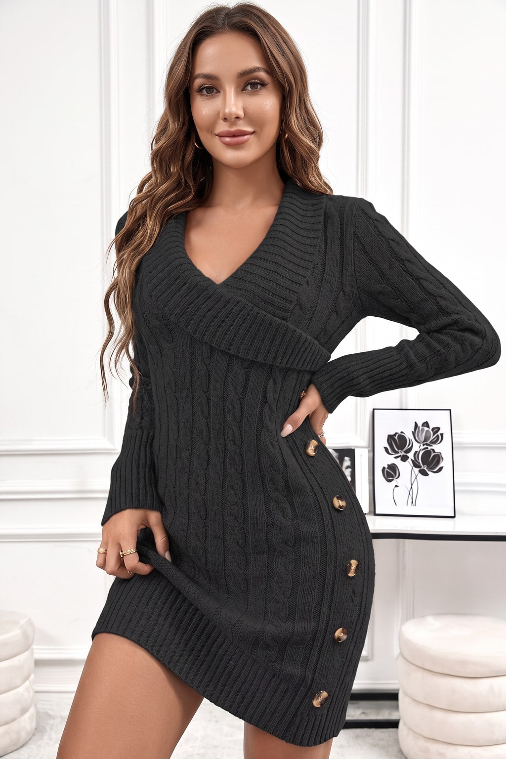 Knit Sweater Dress with V-Neck Wrap Front - 2