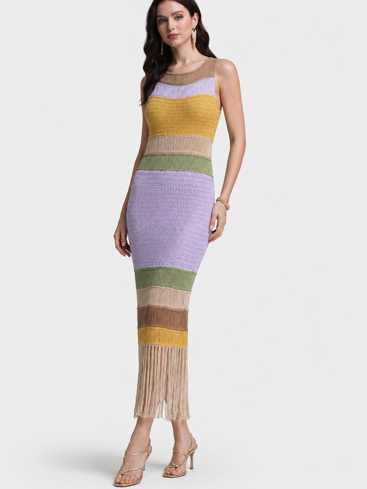 Open Knit Fringe Sleeveless Midi Dress - 6
