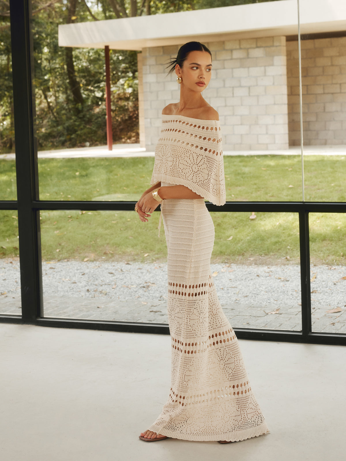 Apricot Knit Maxi Dress with Draped Shawl - view 6
