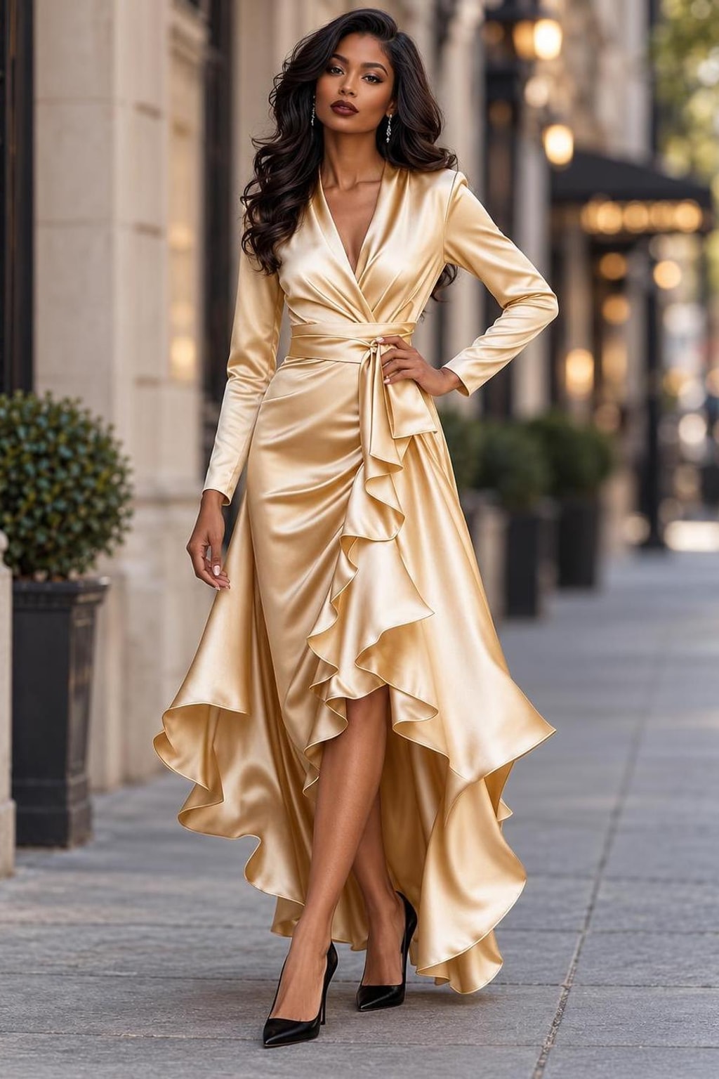 Satin Wrap Midi Dress With Tie Waist - 2