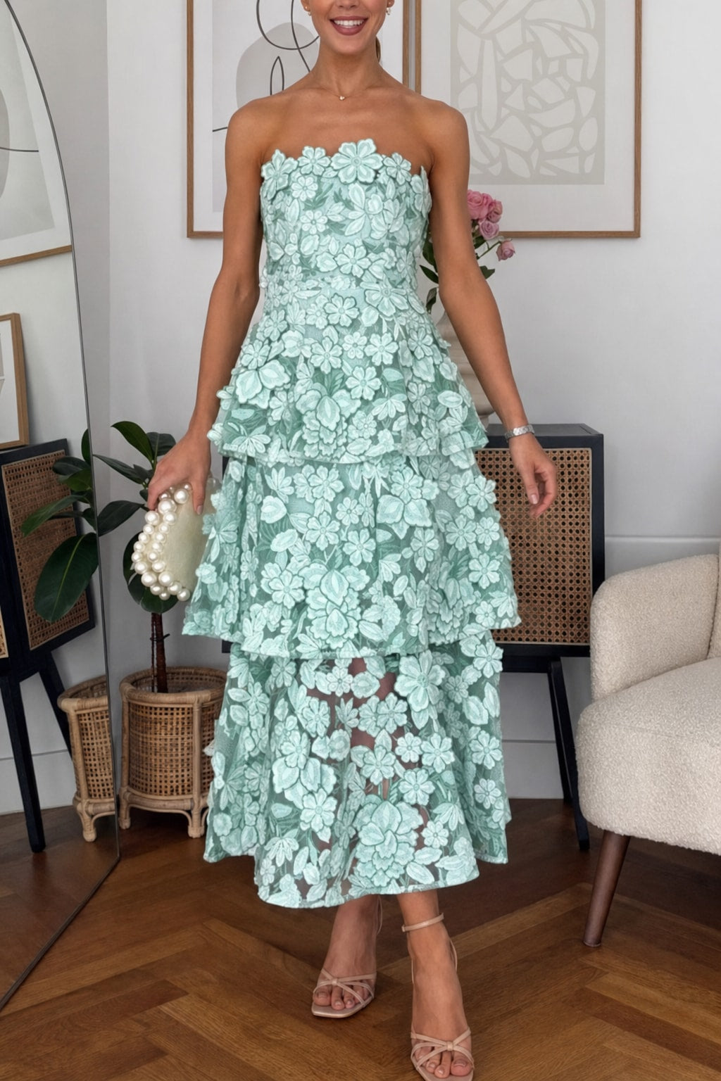 Green Embroidered Off Shoulder Tiered Maxi Dress - 5
