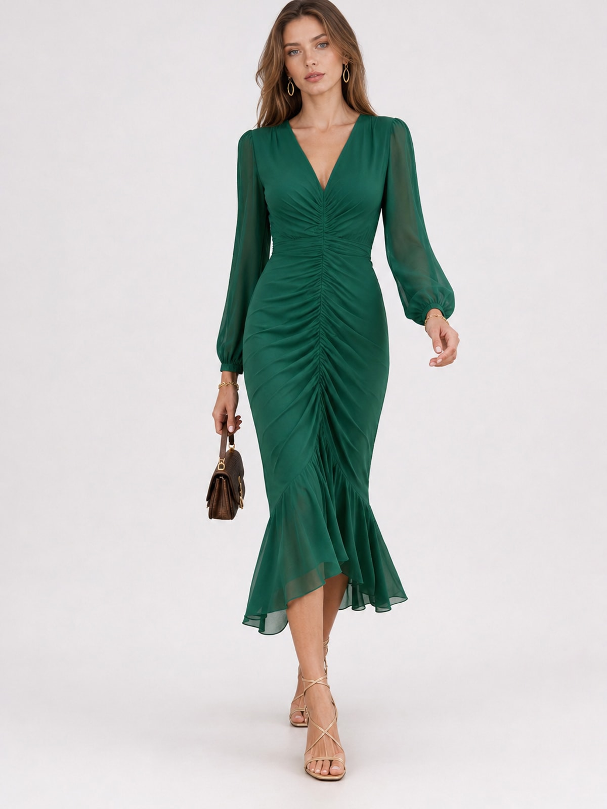 Elegant Satin Mermaid Maxi Dress With Long Sleeves - 3