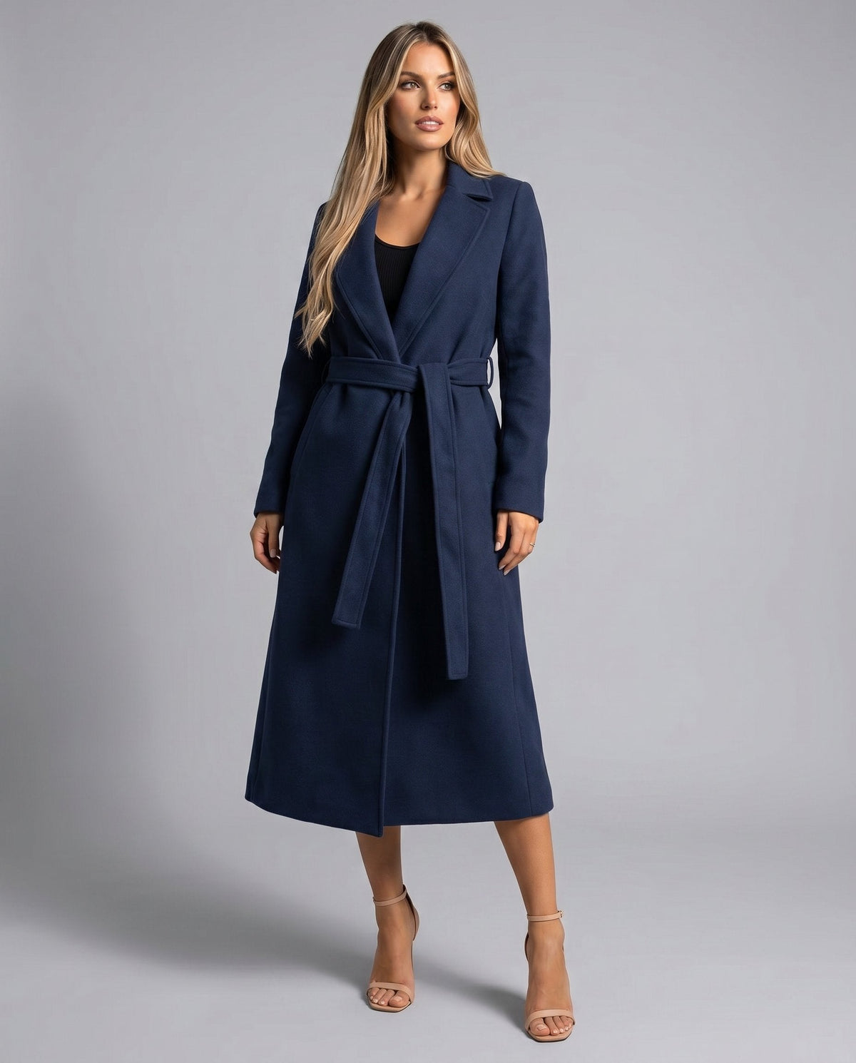Navy wool blend trench coat with belted waist - view 5