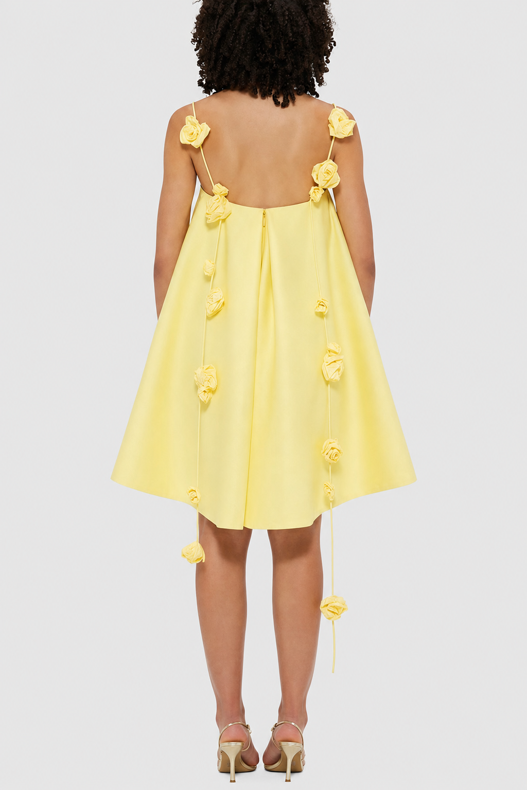 Yellow A-line mini dress with rose straps - view 5
