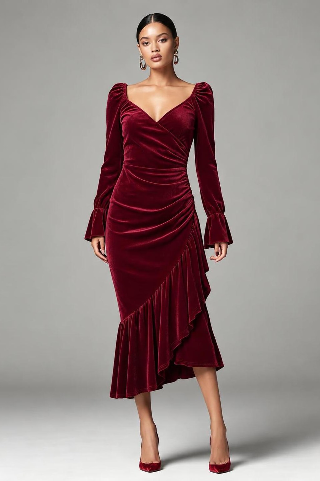 Polyester Velvet Dress With Fishtail Hem - 2