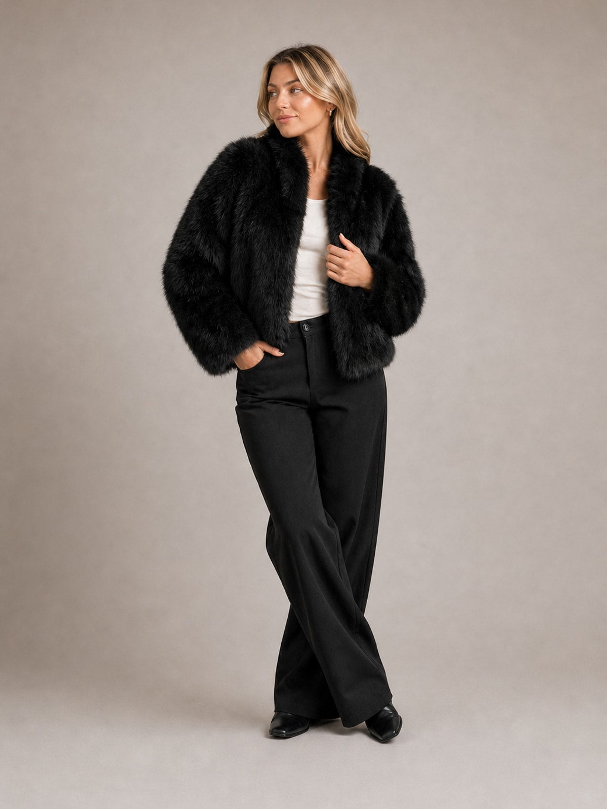 Faux Fur Jacket for Women Cropped Relaxed Fit Winter Coat - 4