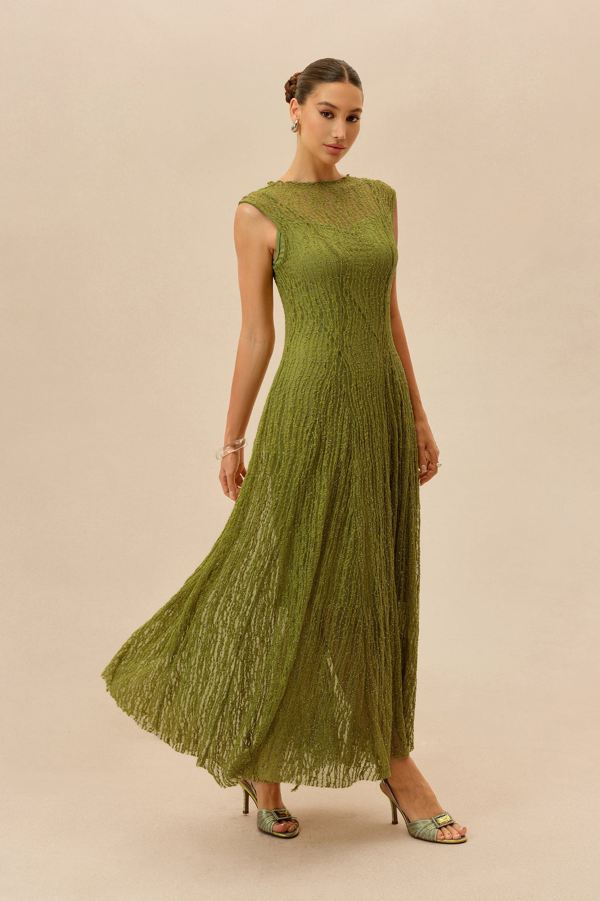 Olive rhinestone mesh maxi dress with cap sleeves - view 5