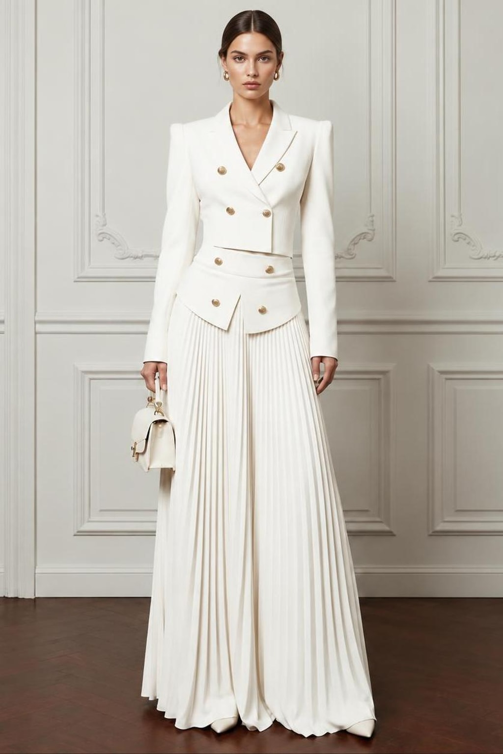 Polyester Cropped Blazer And Pleated Skirt Set - 2