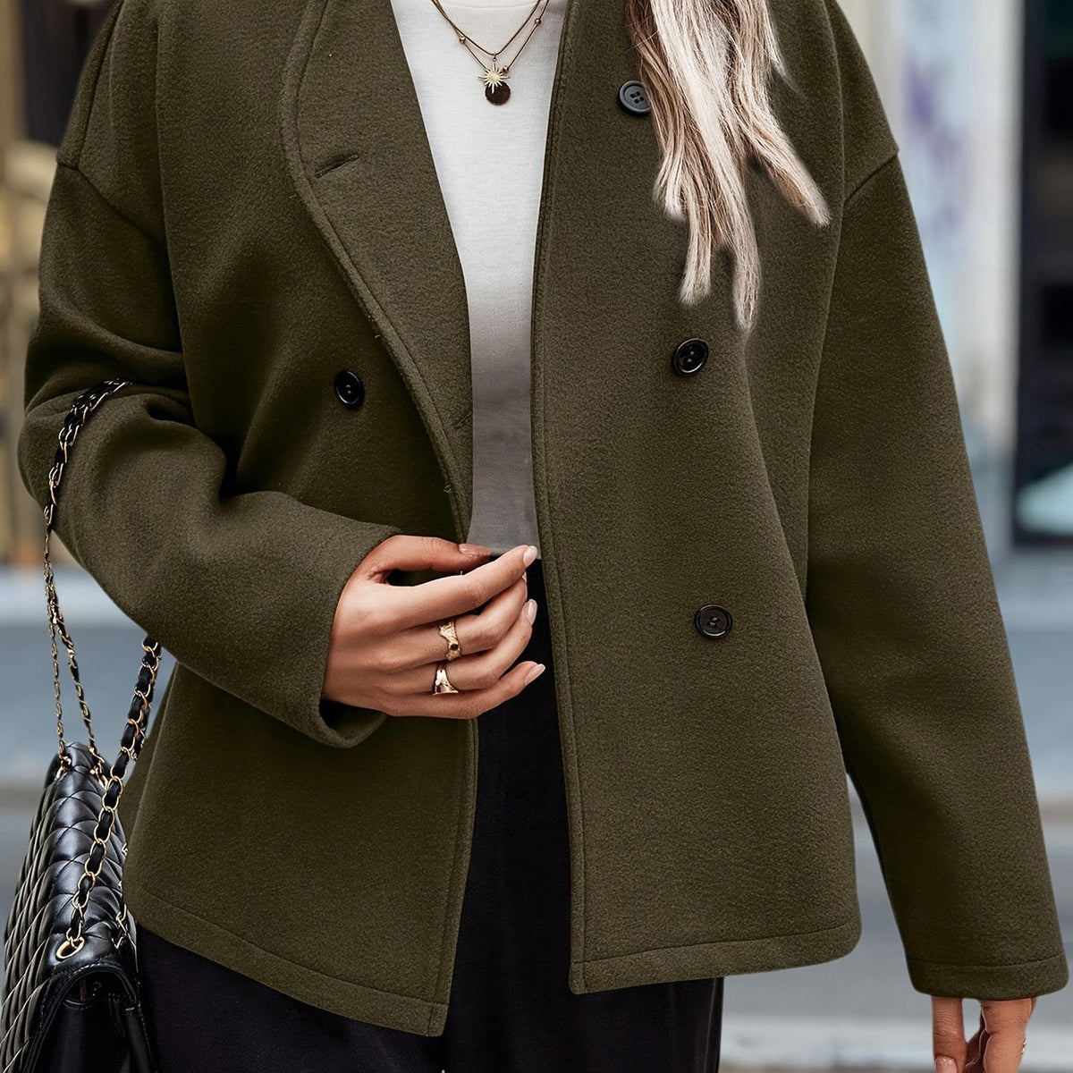 Cozy Dark Green Fleece Pea Coat With Stand Collar - 3