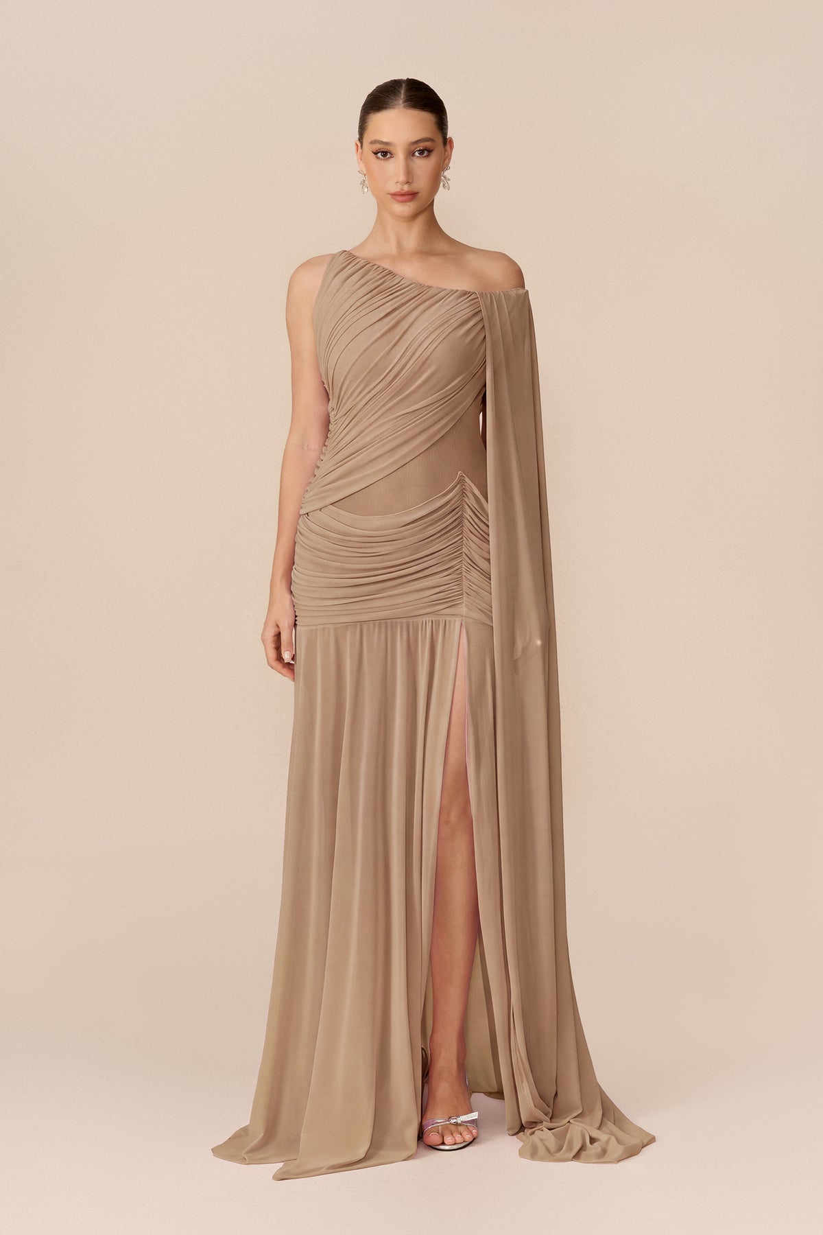 Draped Cape Sleeve Mesh Maxi Dress in Khaki - view 5