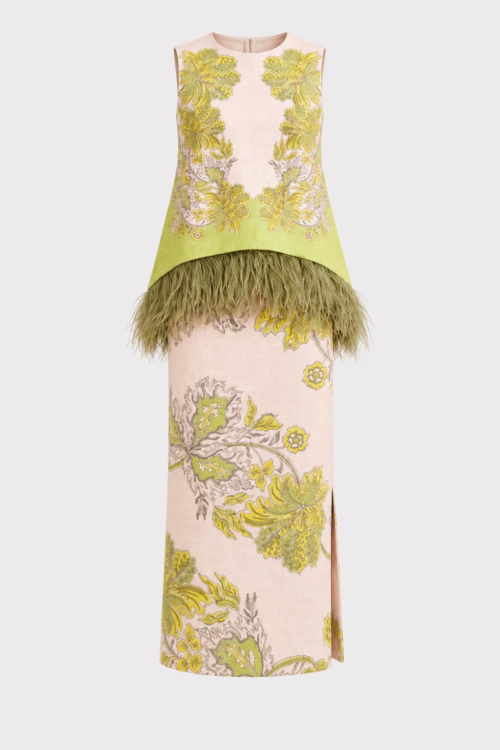 Polyester Feather Trim Top And Slit Midi Skirt Set - 1