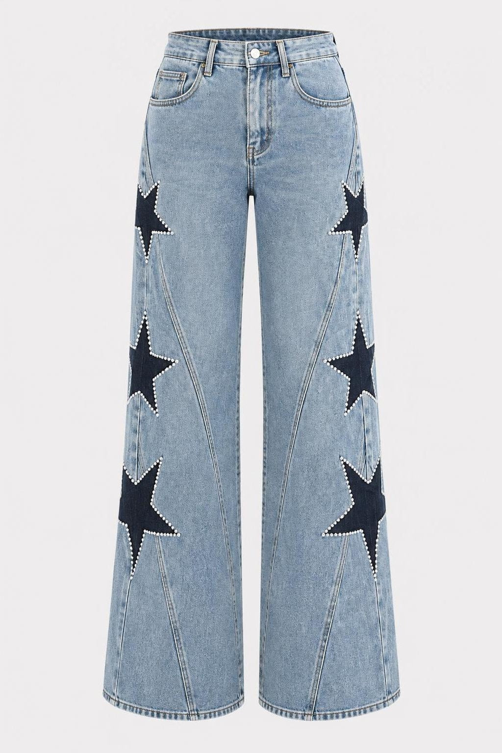 Denim Wide Leg Jeans With Side Star Pocket - 1