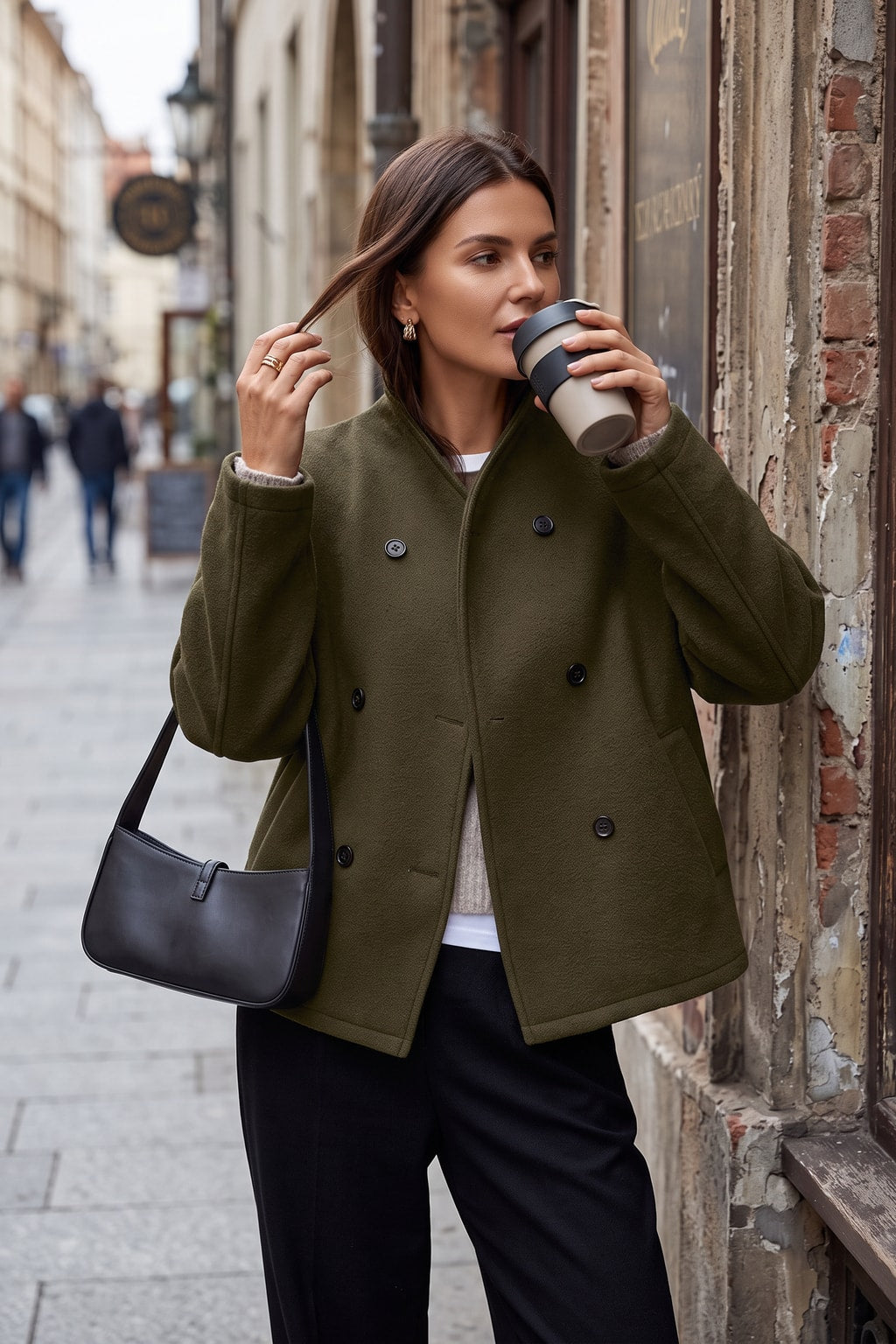 Cozy Dark Green Fleece Pea Coat With Stand Collar - 2