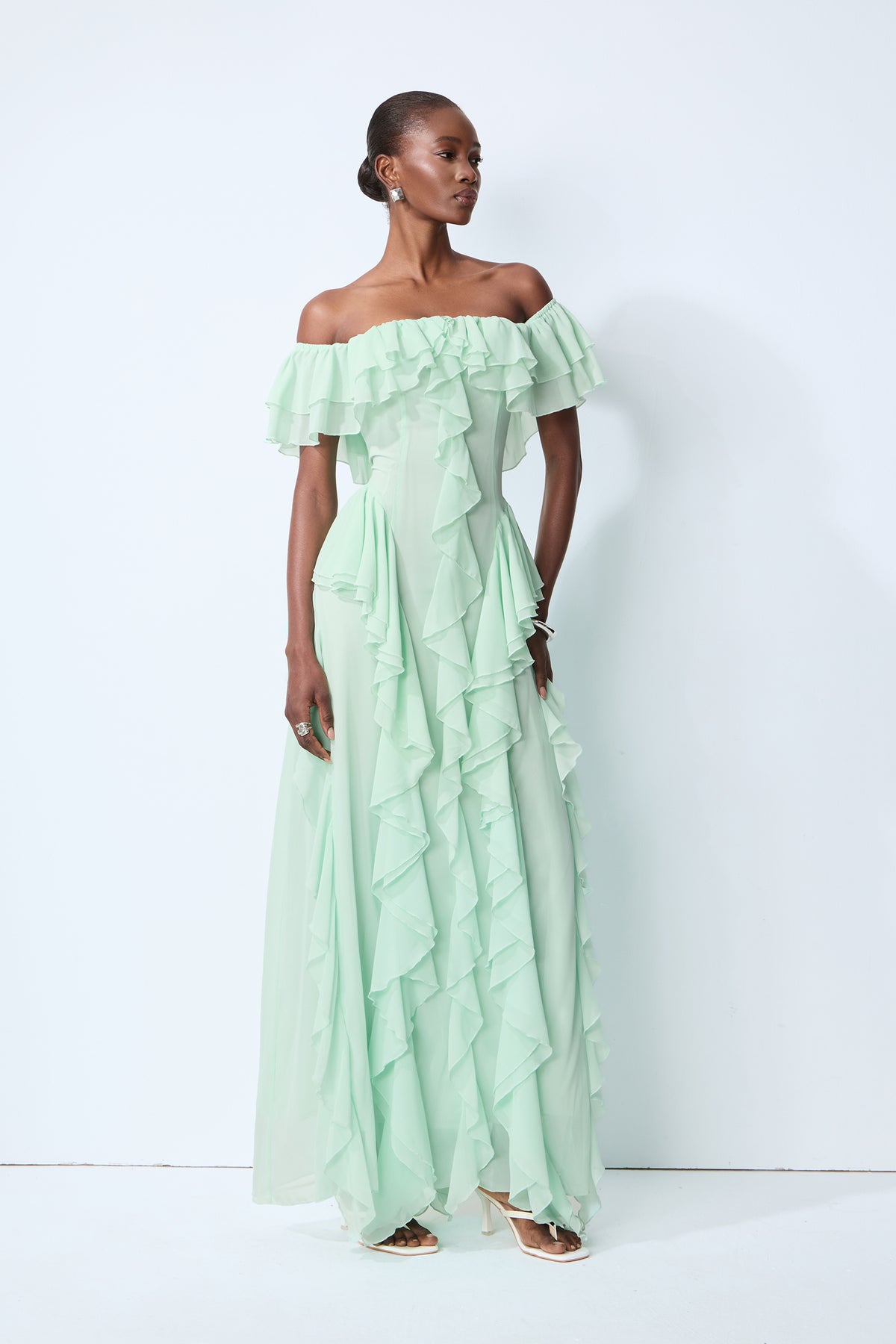 Sage Green Off-Shoulder Ruffle Maxi Dress With Side Pockets - 2