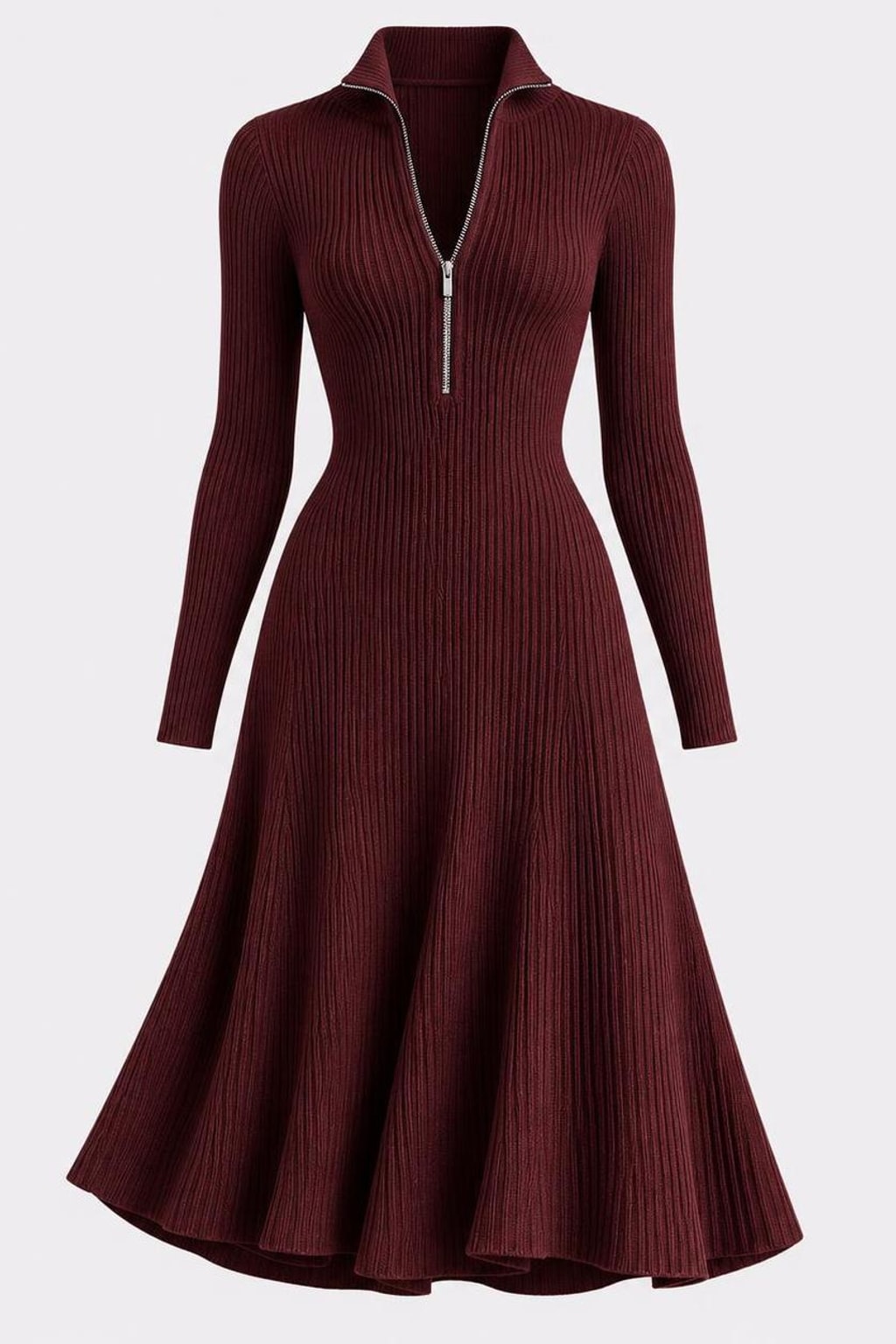 Polyester Spandex Midi Dress With Stand Collar - 2