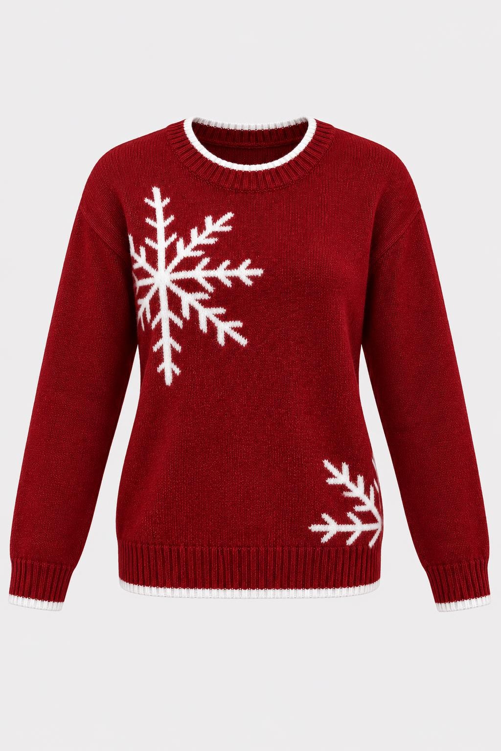 Knit Crewneck Sweater With Snowflake Pattern - 1