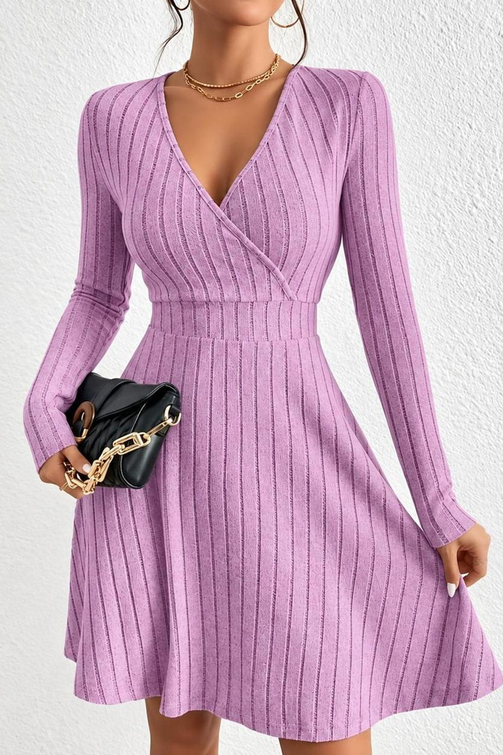 Stretch Knit A-Line Dress with V-Neck - 2