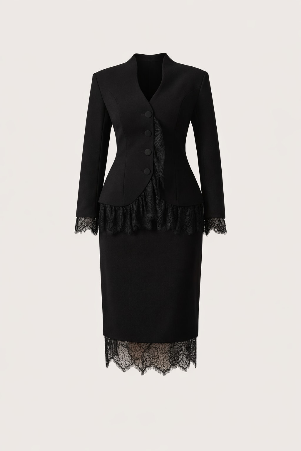 Terylene Lace Panel Blazer And Midi Skirt Set - 1