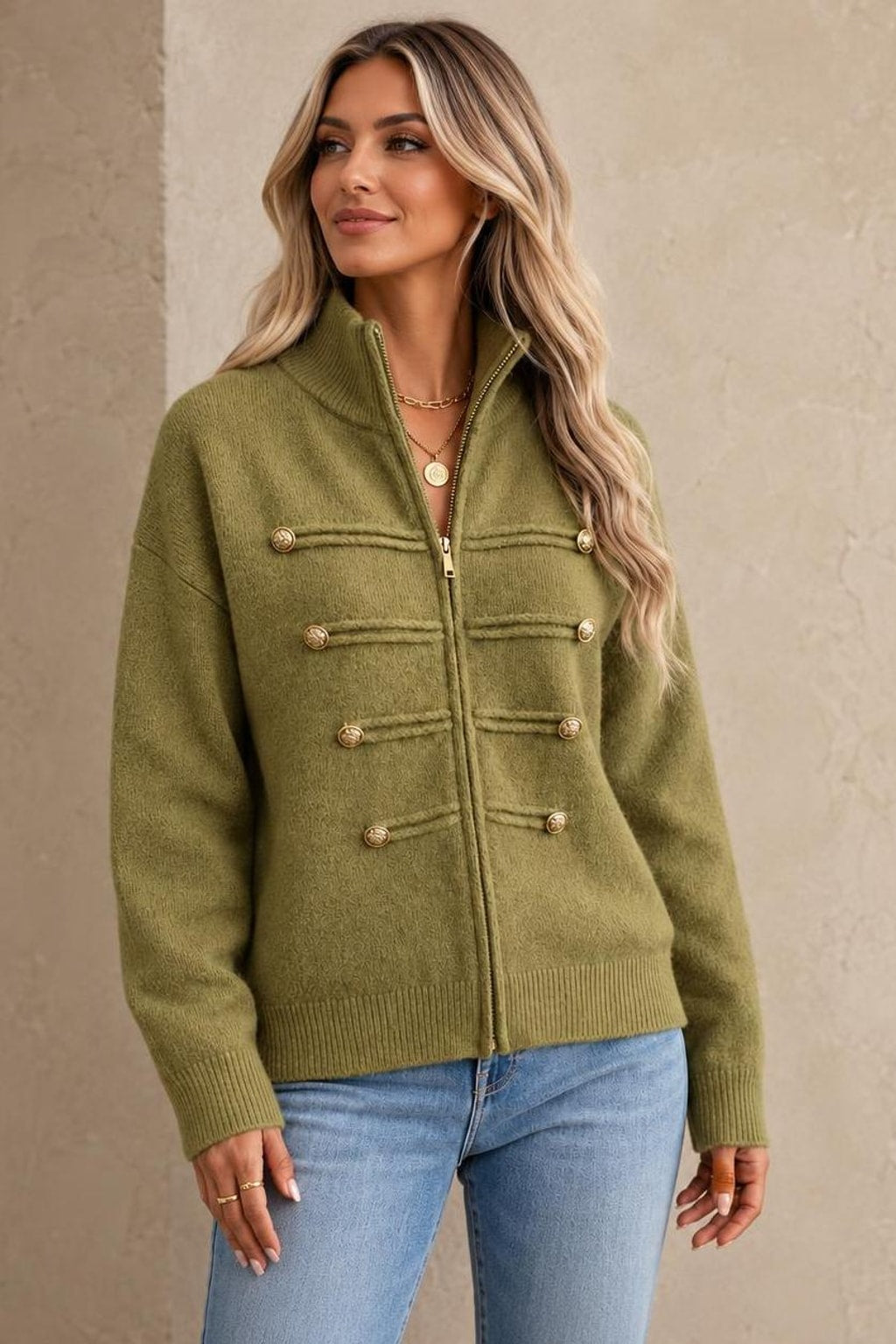 Knit Zip-Front Military-Style Cardigan - 2