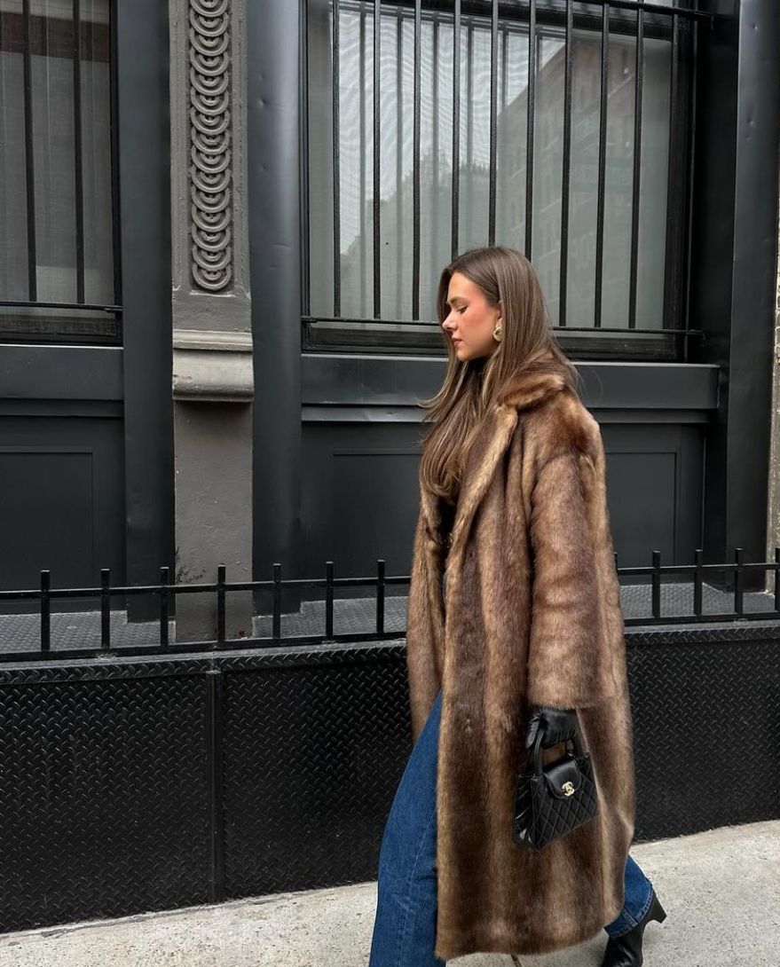 Brown Faux Fur Long Coat with Shawl Collar - view 4
