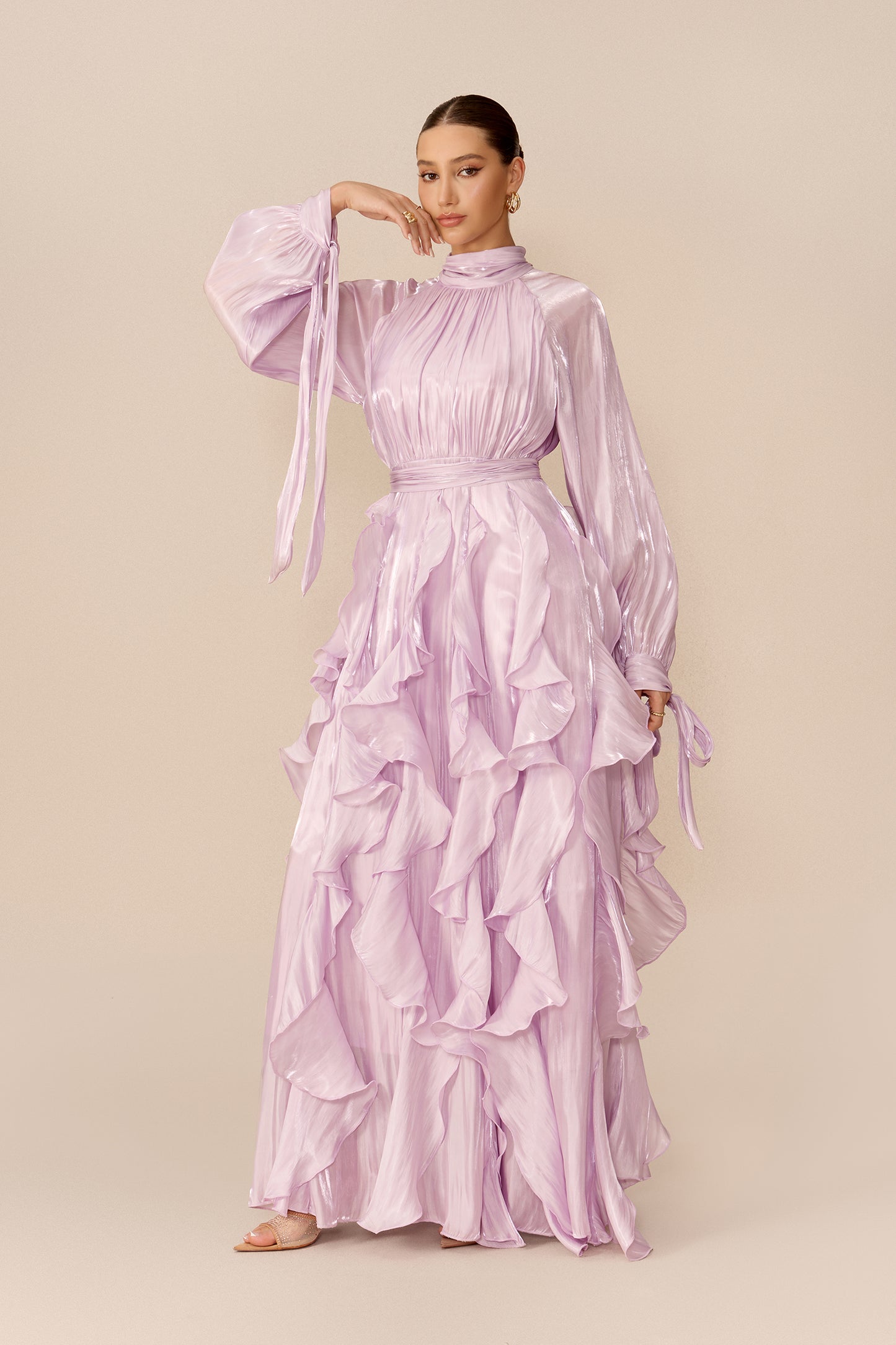 Purple puff sleeve maxi dress with ruffle trim - view 5