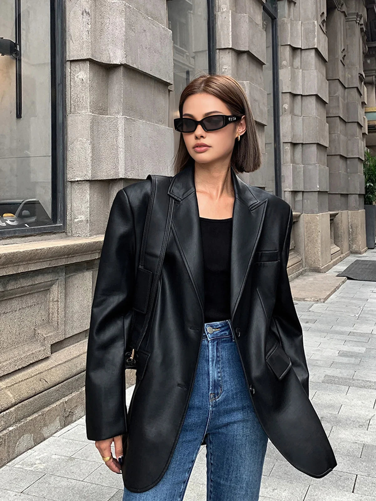 Oversized Faux Leather Blazer - view 9