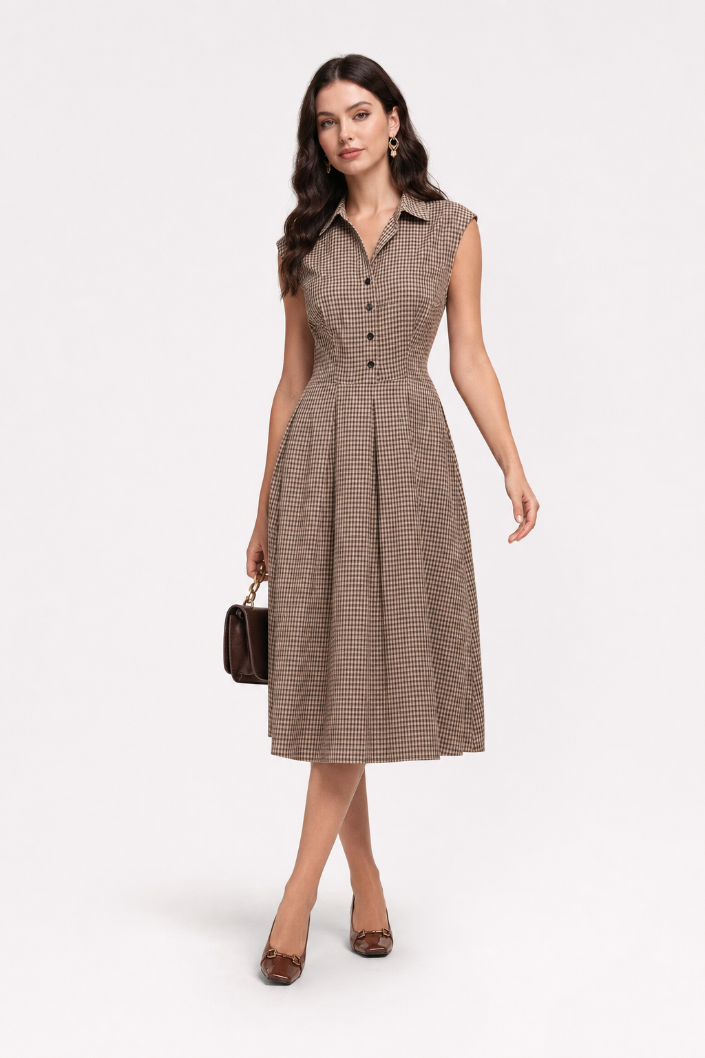 Plaid Button-Front Midi Dress With Pleated Cotton Skirt - 2