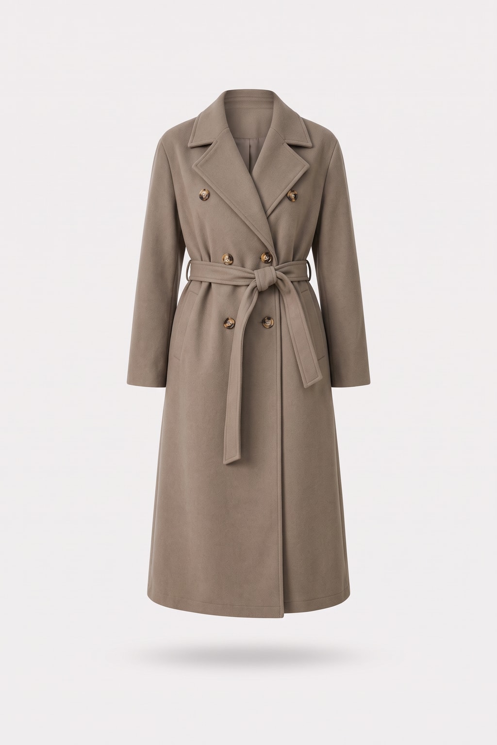 Wool-Look Belted Double-Breasted Long Coat - 1