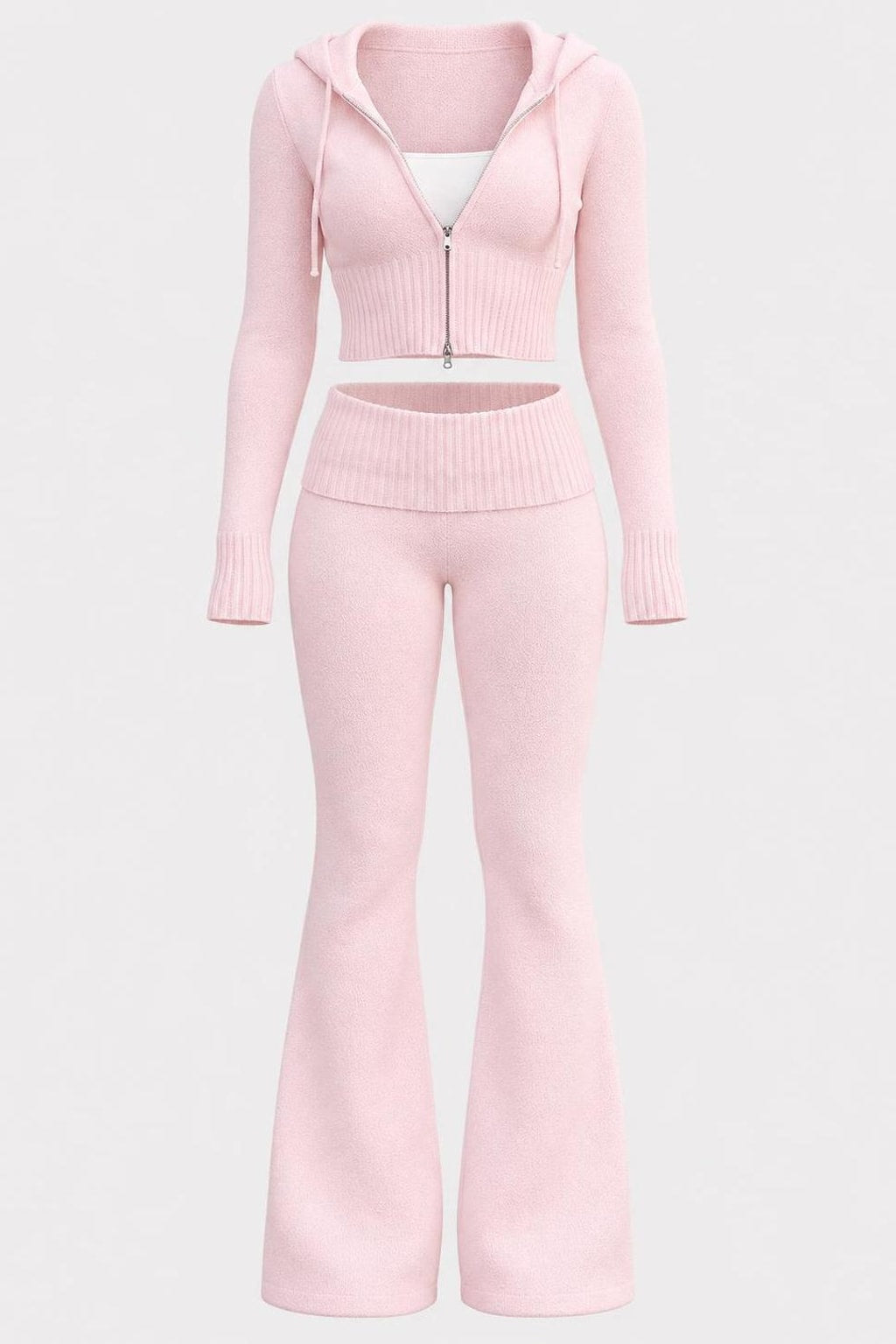 Knit Two-Piece Flare Pants Set With Hood - 1